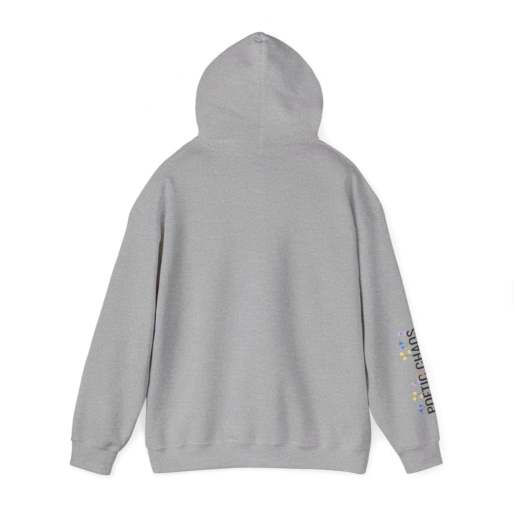 Poetic Chaos Sleeve Logo Hoodie — Minimal White Pullover with 'PC'floral logo