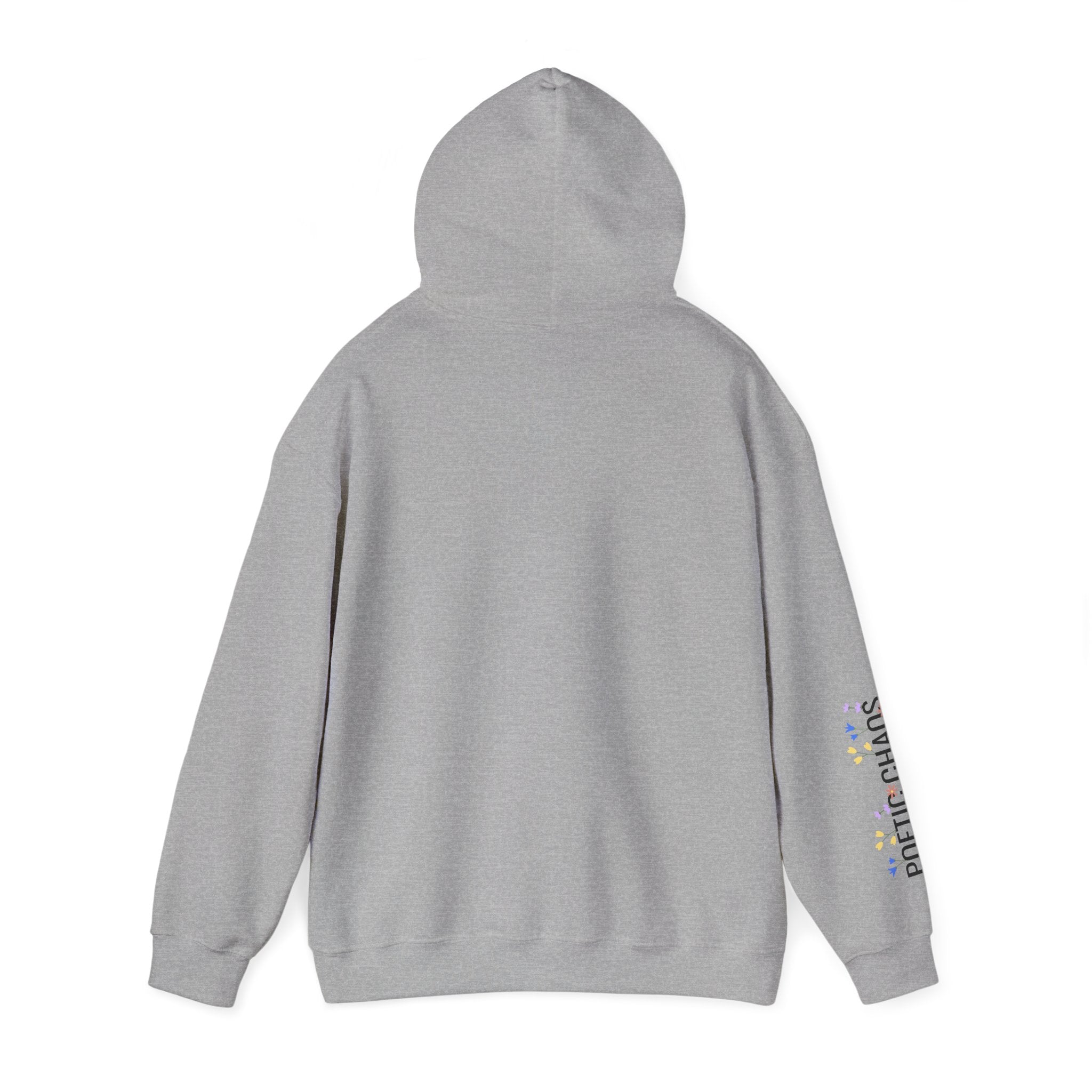 Poetic Chaos Sleeve Logo Hoodie — Minimal White Pullover with 'PC'floral logo