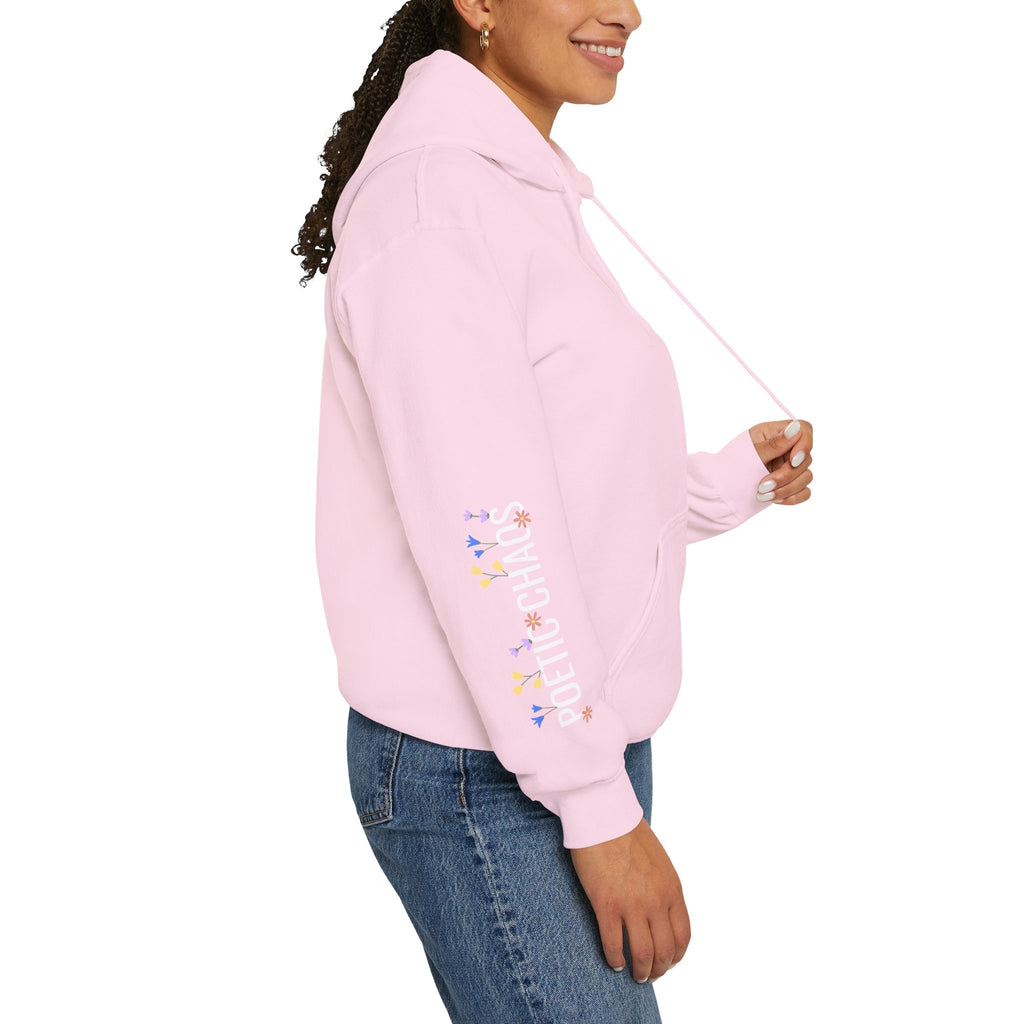 Poetic Chaos Sleeve Hoodie – Minimal white floral Logo Pullover
