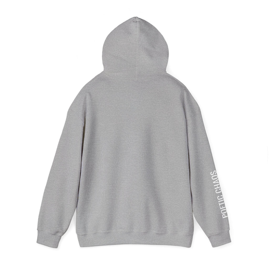 Poetic Chaos Hoodie — Minimal white PC Logo Black Pullover with 'Poetic Chaos' Sleeve