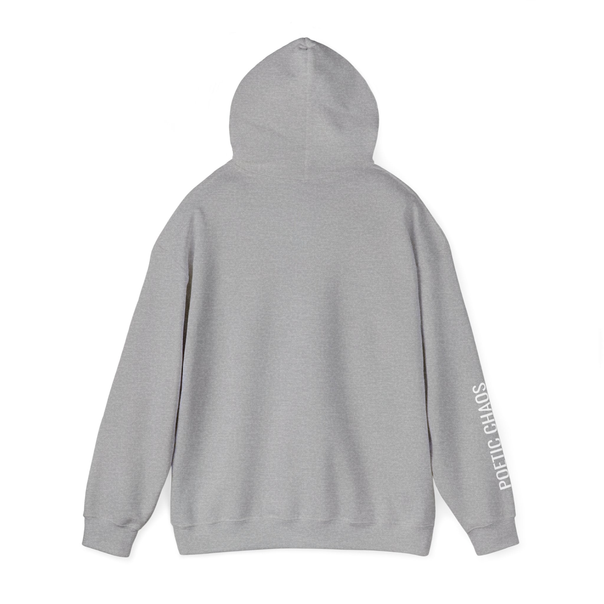 Poetic Chaos Hoodie — Minimal white PC Logo Black Pullover with 'Poetic Chaos' Sleeve