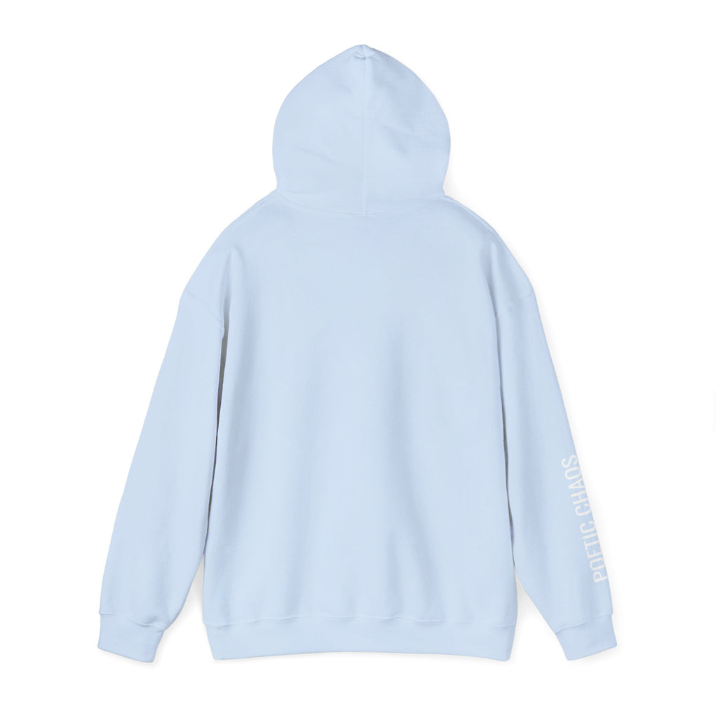 Poetic Chaos Hoodie — Minimal white PC Logo Black Pullover with 'Poetic Chaos' Sleeve