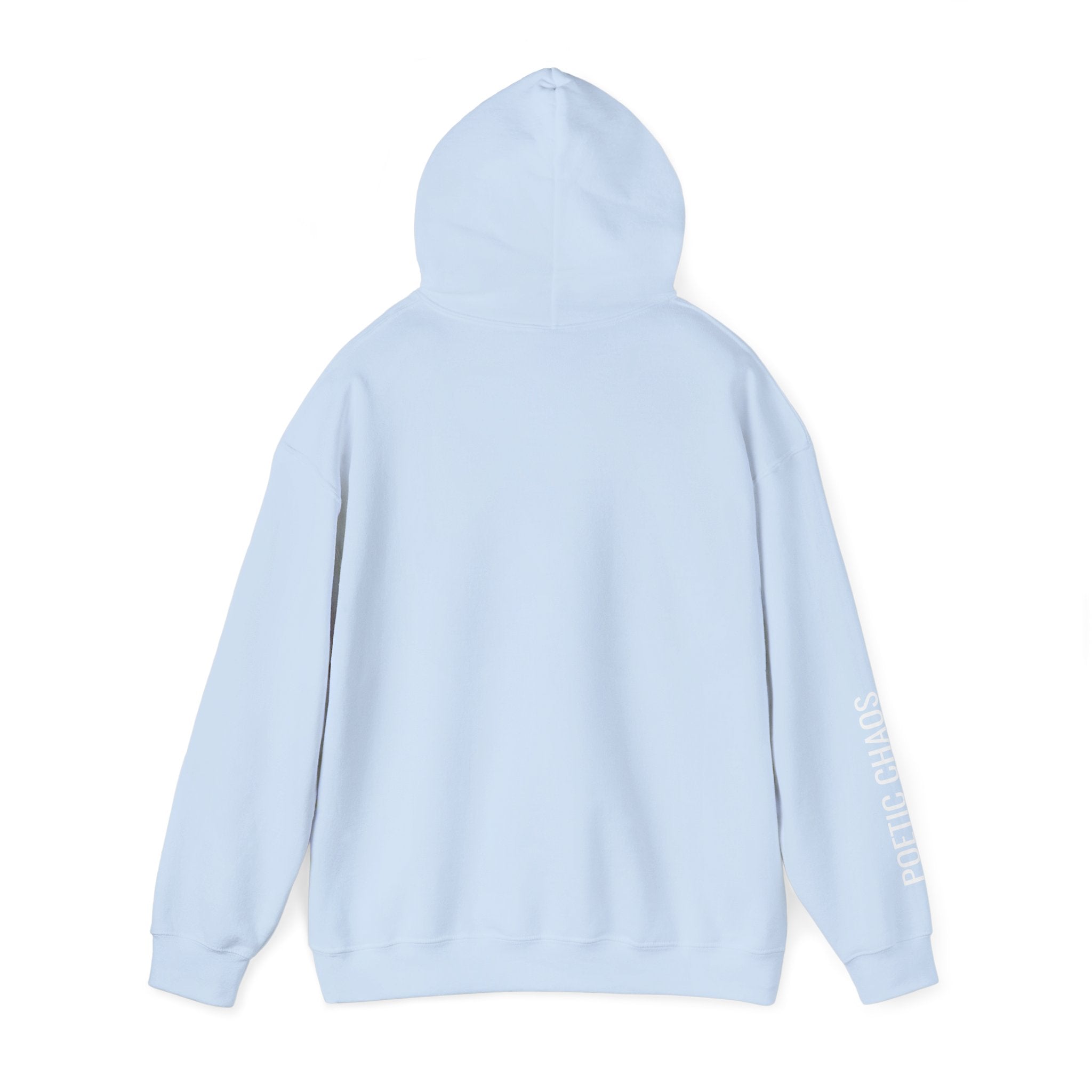 Poetic Chaos Hoodie — Minimal white PC Logo Black Pullover with 'Poetic Chaos' Sleeve