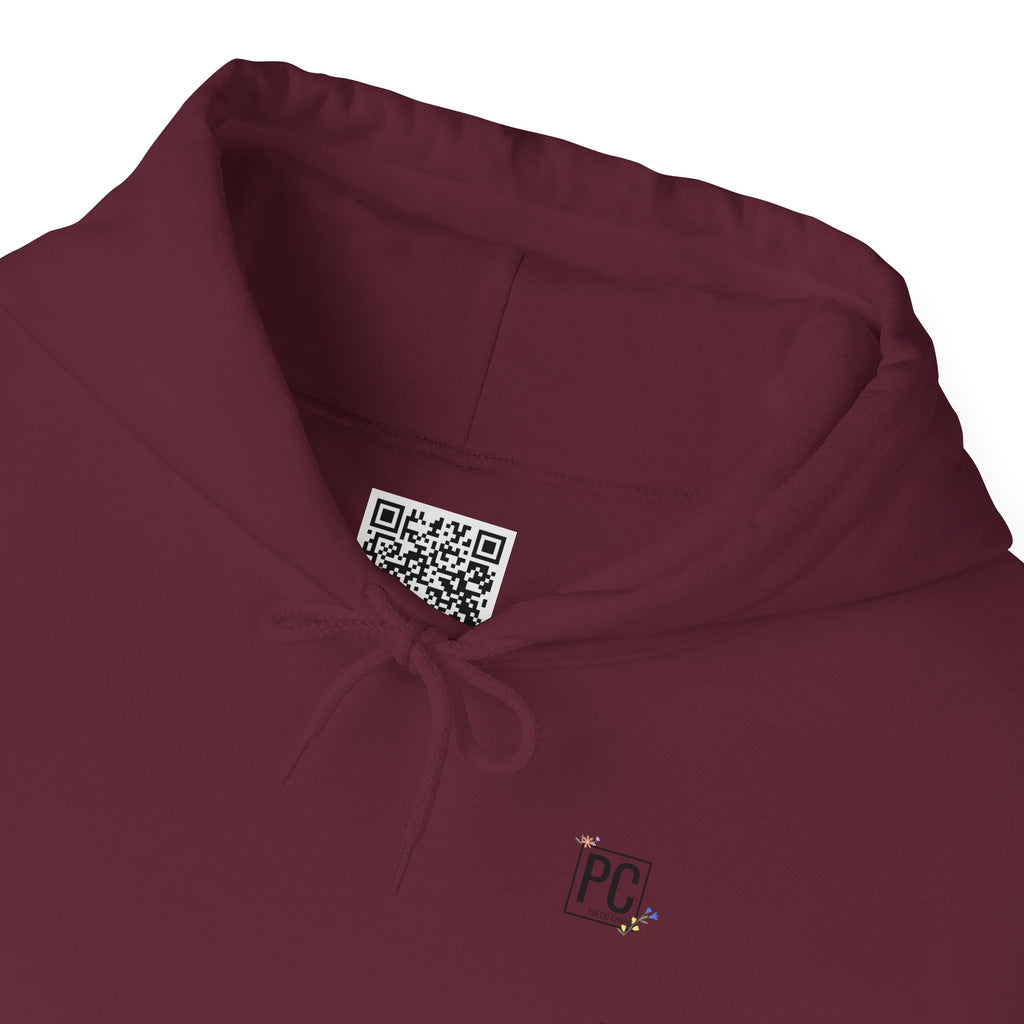 Poetic Chaos Sleeve Logo Hoodie — Minimal White Pullover with 'PC'floral logo