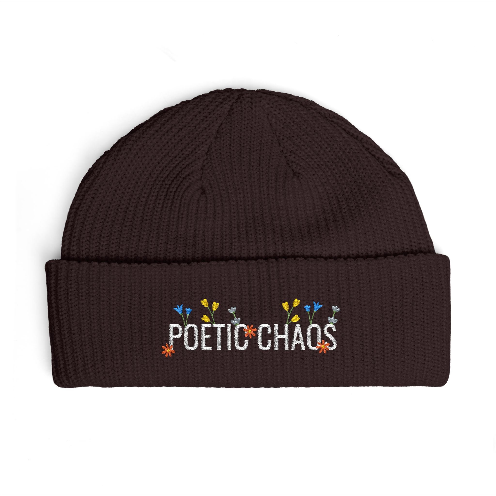 Poetic Chaos Cuff Beanie – Embroidered Floral white logo Knit Hat
