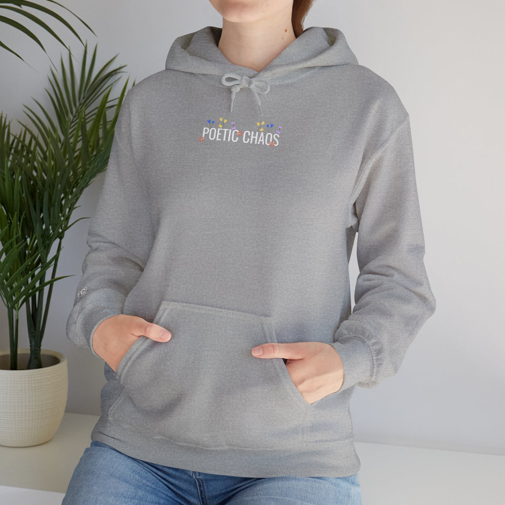 Poetic Chaos Hoodie — Small Chest white floral Logo & Sleeve Emblem