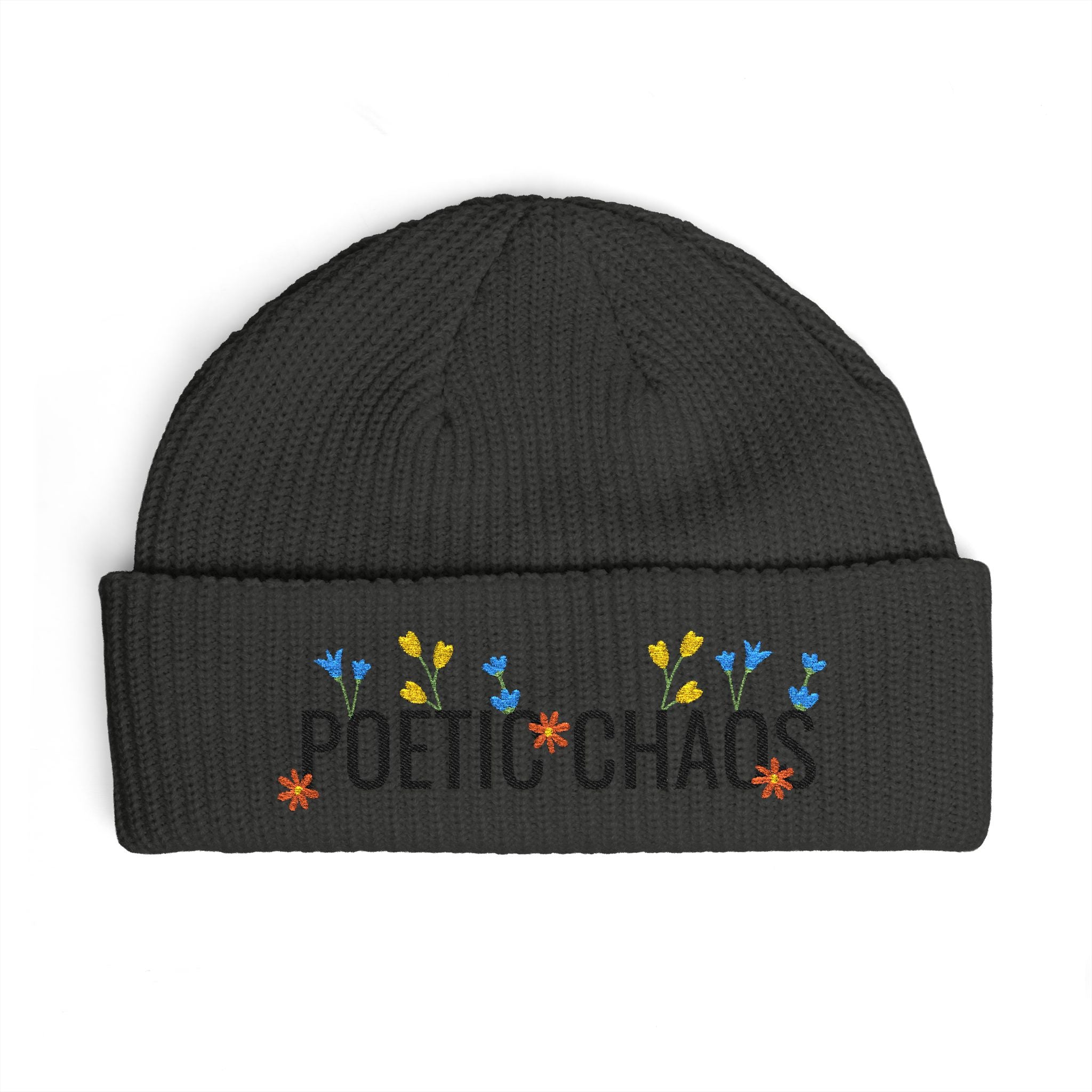 Poetic Chaos Embroidered Cuff Beanie - Floral Knit Winter Hat
