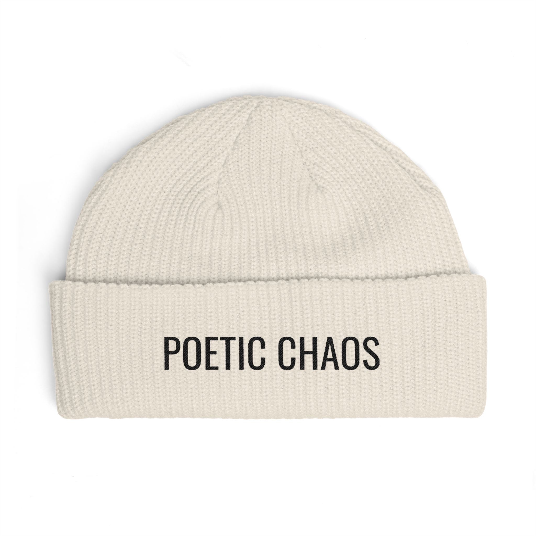 Poetic Chaos Embroidered Cuff Beanie — Knit Winter Hat for Writers & Creative Souls