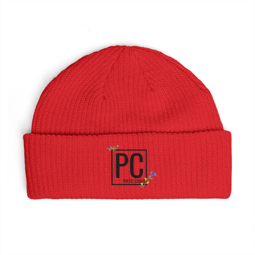 Cuff Beanie - 'PC' Logo Embroidered Knit Hat with Tiny Bee Accents