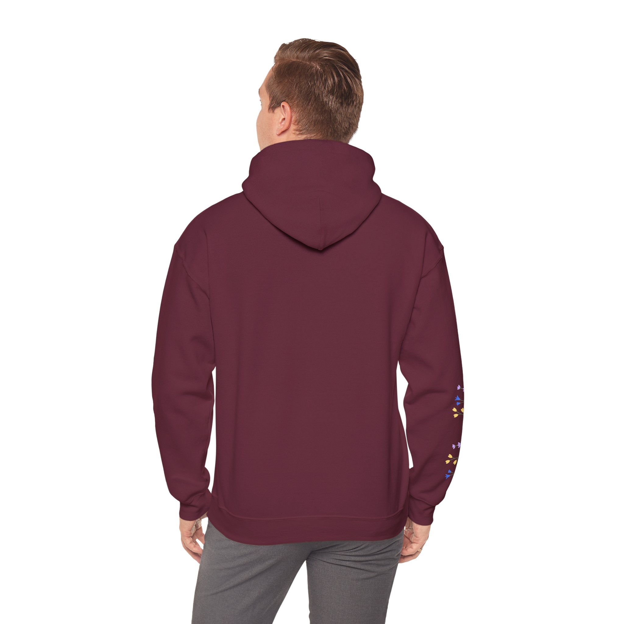 Poetic Chaos Sleeve Logo Hoodie — Minimal White Pullover with 'PC'floral logo