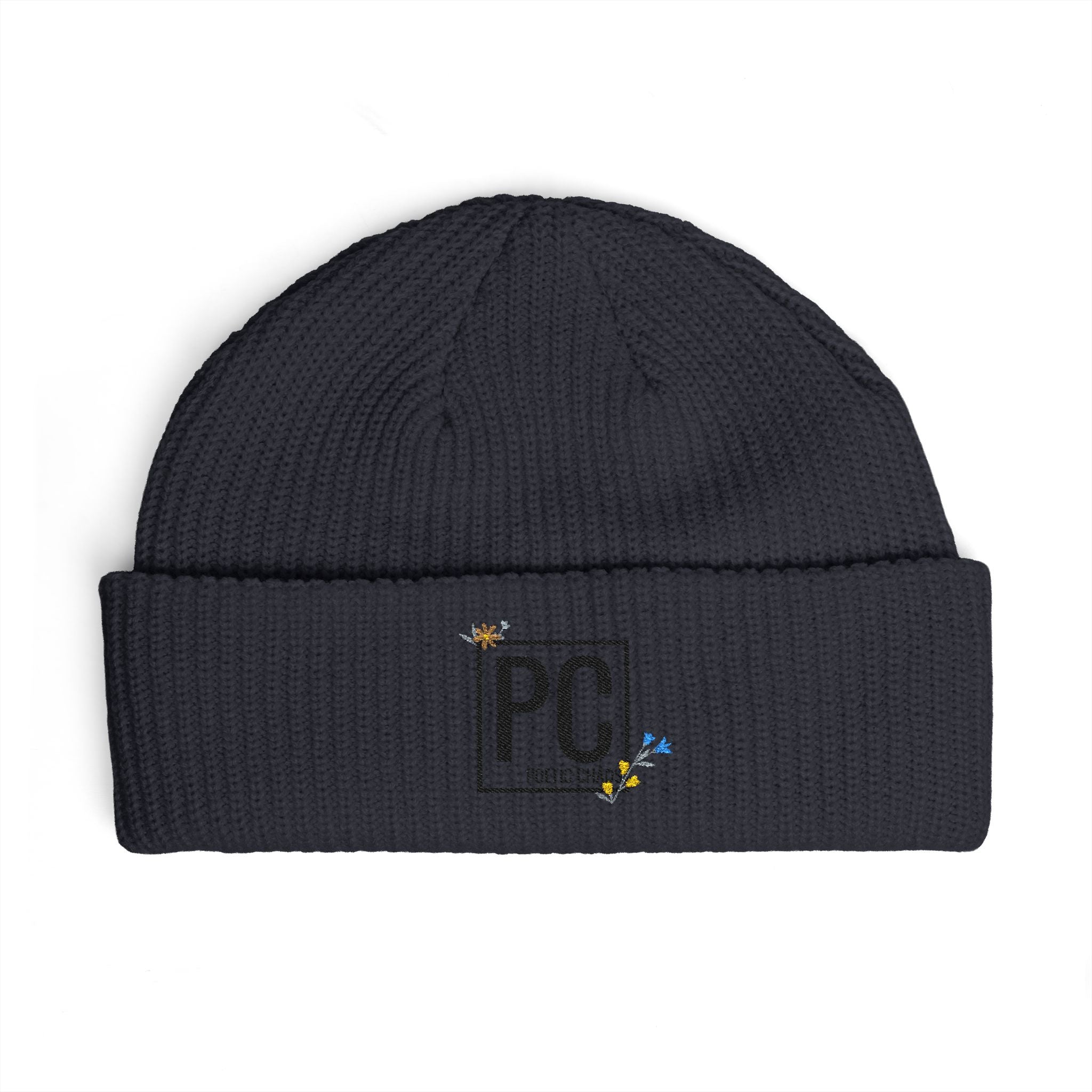 Cuff Beanie - 'PC' Logo Embroidered Knit Hat with Tiny Bee Accents