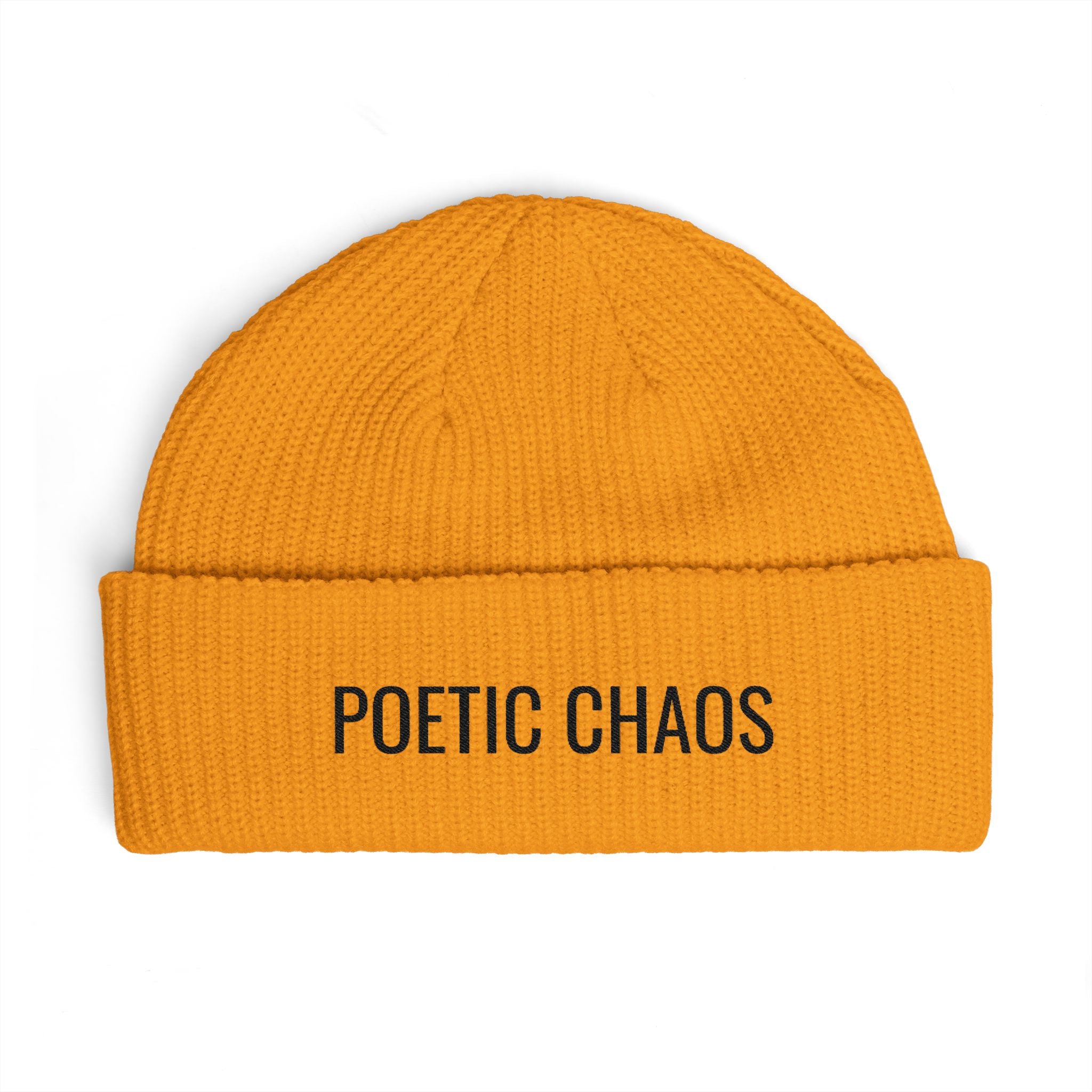 Poetic Chaos Embroidered Cuff Beanie — Knit Winter Hat for Writers & Creative Souls