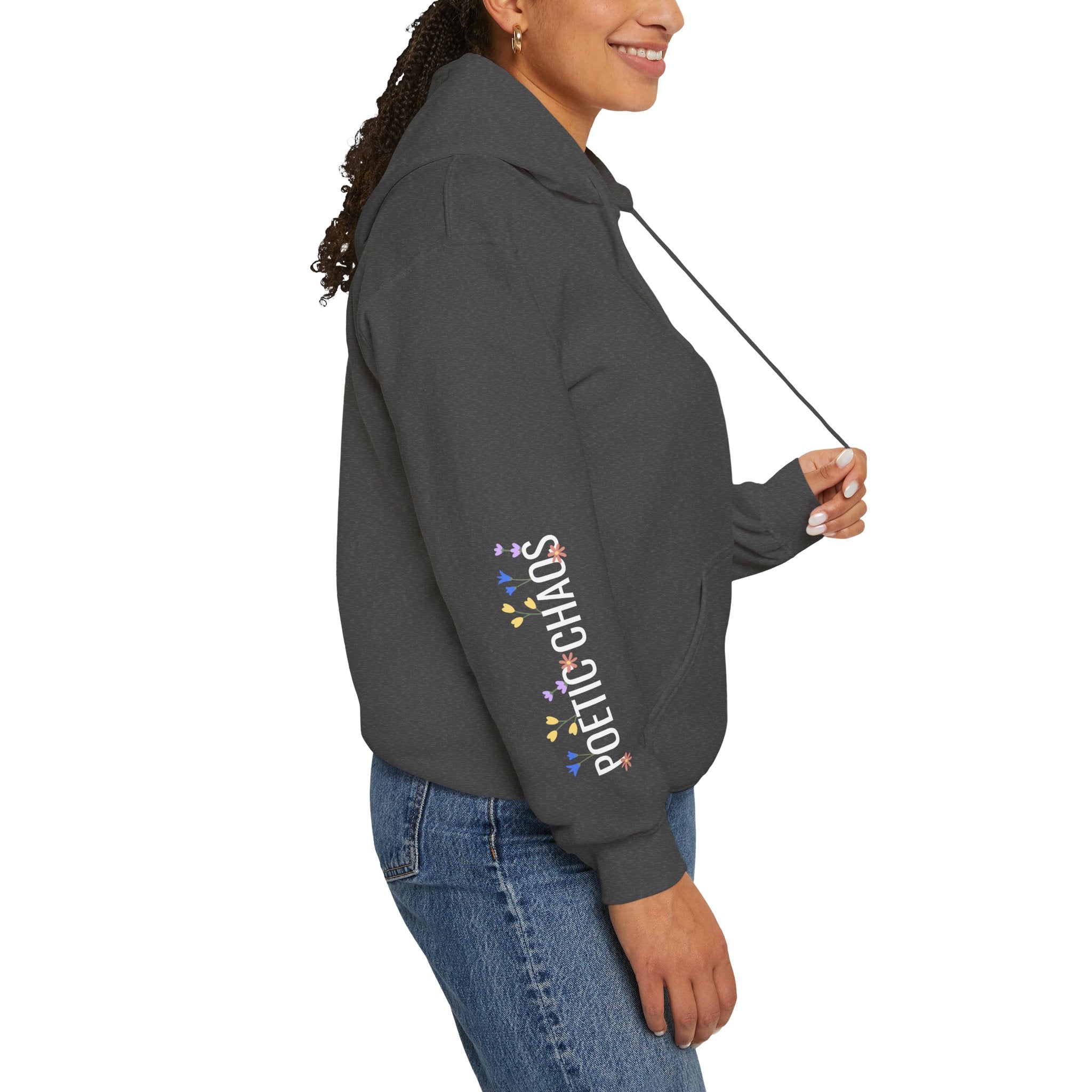 Poetic Chaos Sleeve Hoodie – Minimal white floral Logo Pullover