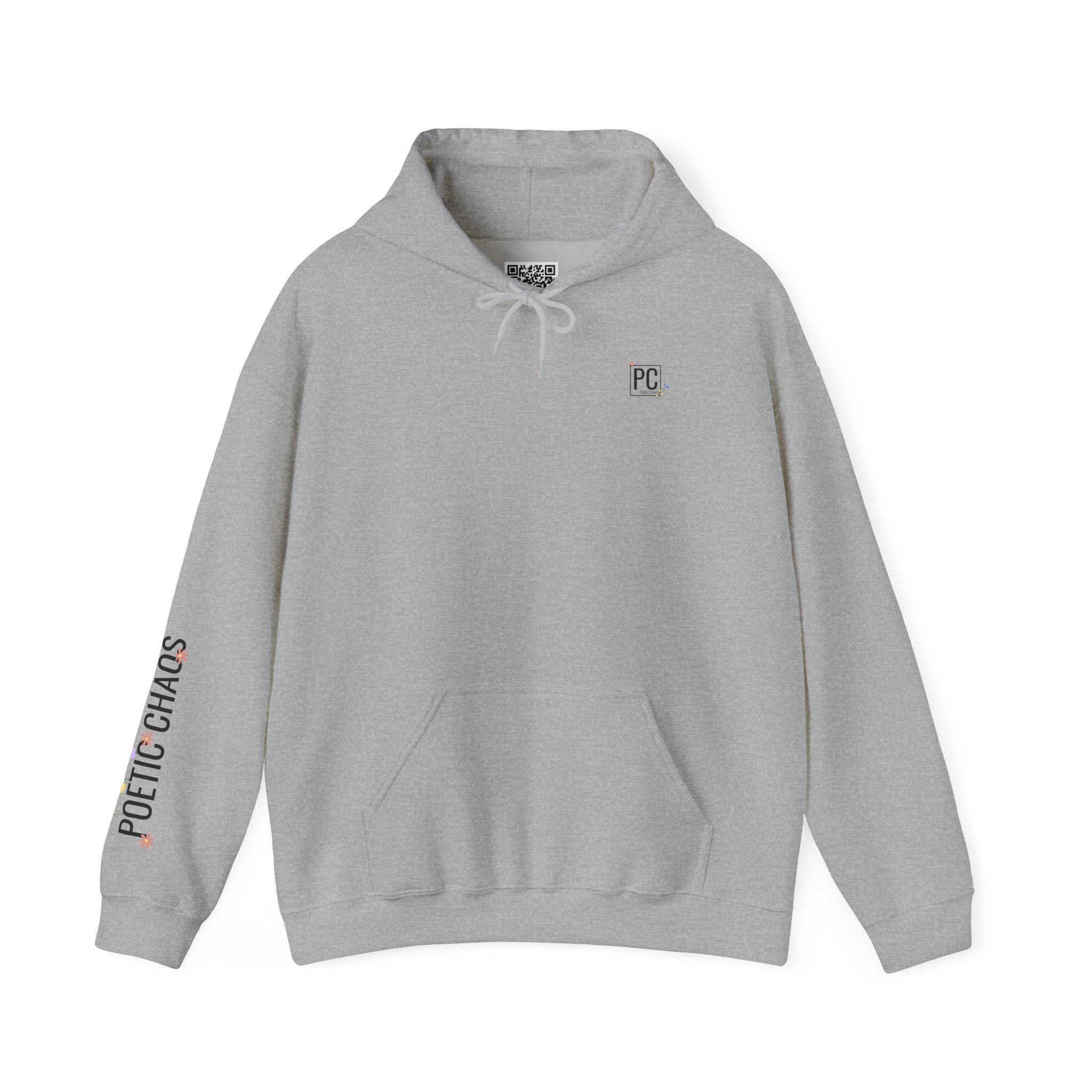 Poetic Chaos Sleeve Logo Hoodie — Minimal White Pullover with 'PC'floral logo