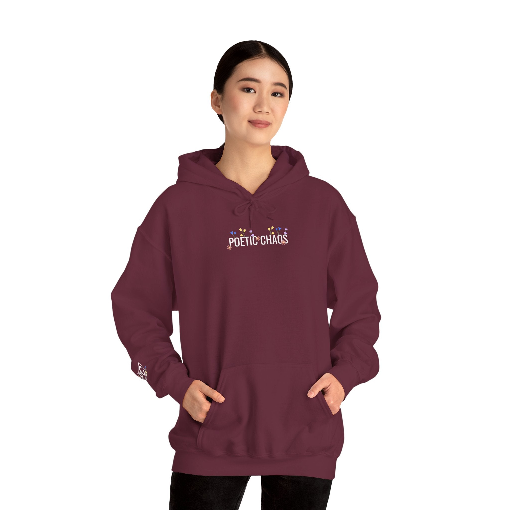 Poetic Chaos Hoodie — Small Chest white floral Logo & Sleeve Emblem