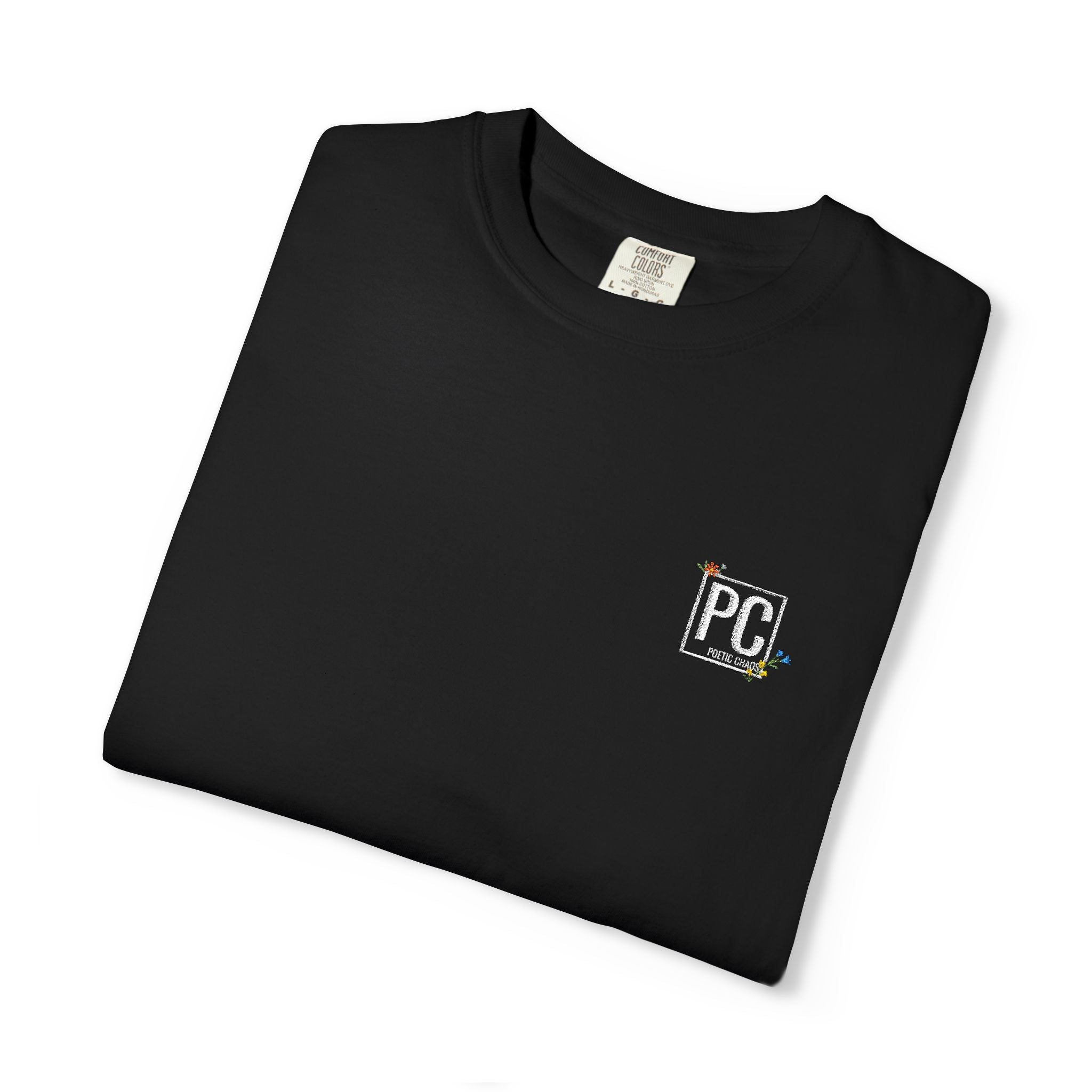 Poetic Chaos embroided white floral logo