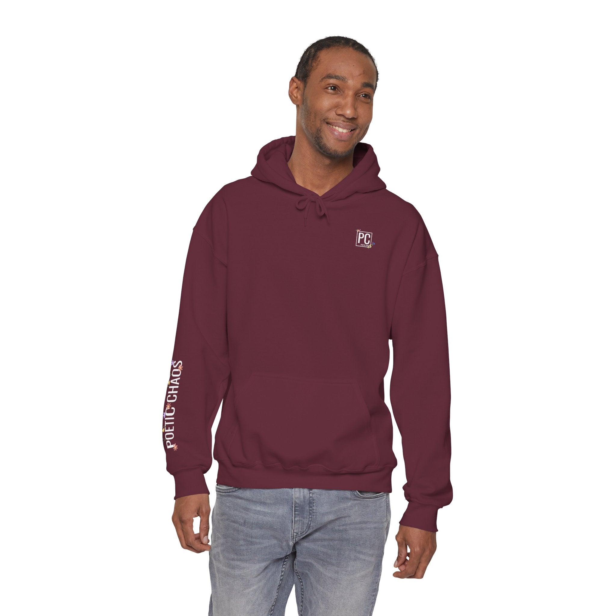 Poetic Chaos Sleeve Hoodie – Minimal white floral Logo Pullover