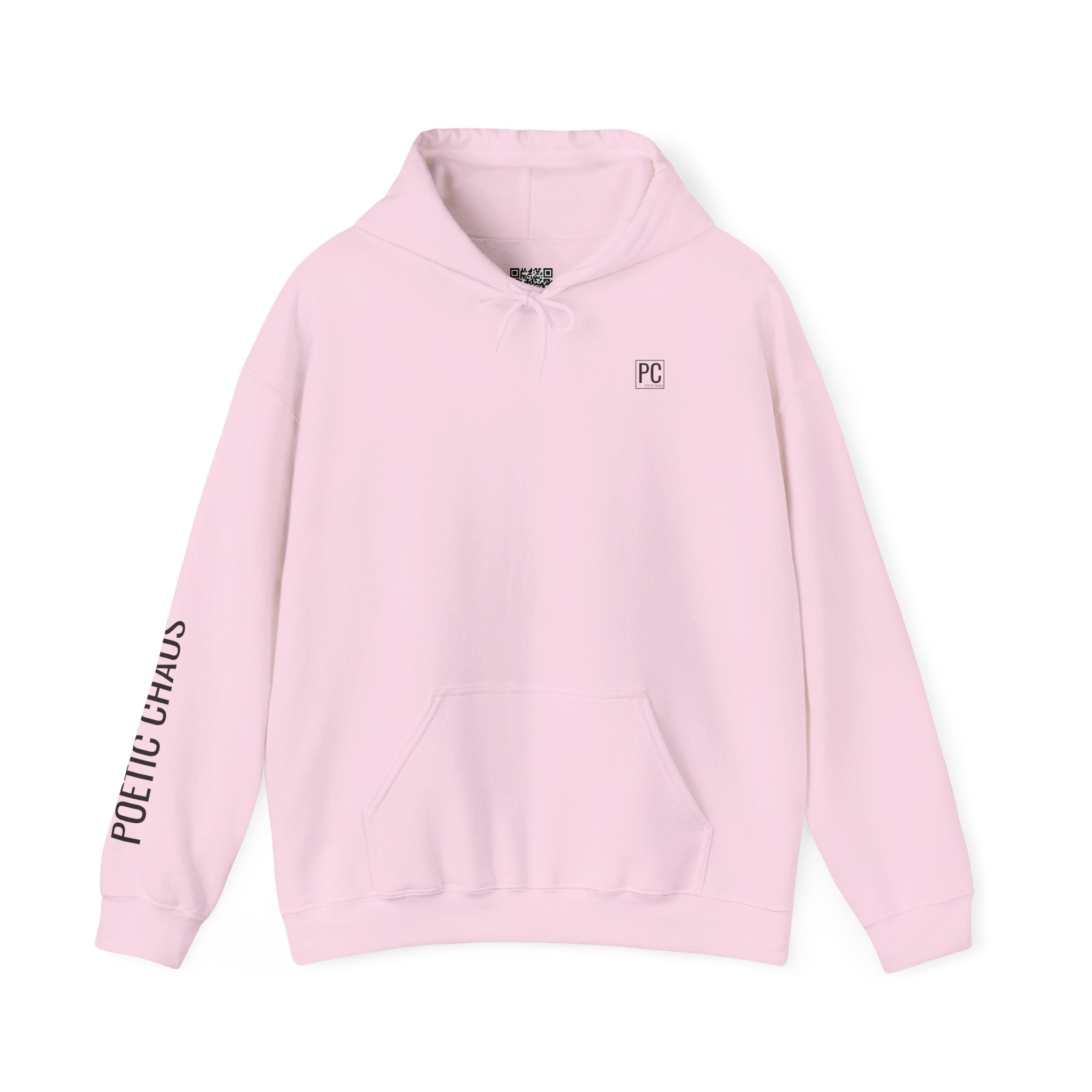 Poetic Chaos Hoodie — Minimal White Pullover with 'POETIC CHAOS' Sleeve Text