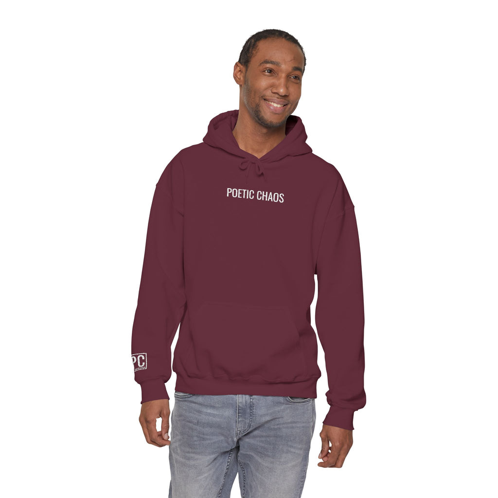 Poetic Chaos embroided white logo hoodie