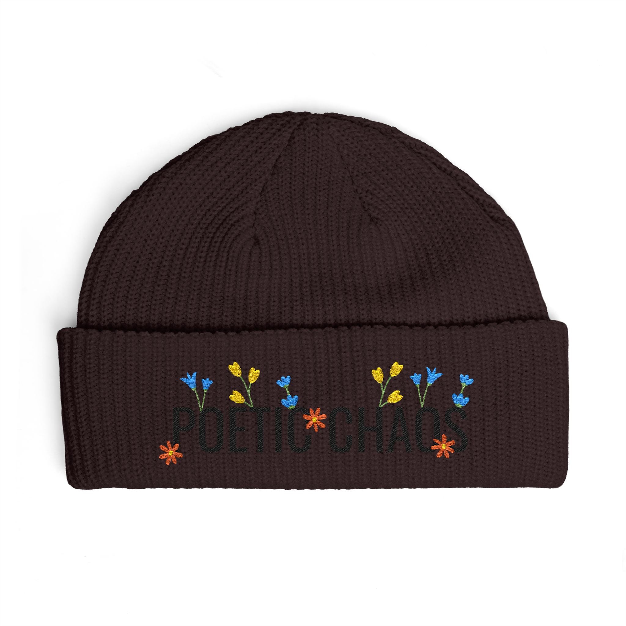Poetic Chaos Embroidered Cuff Beanie - Floral Knit Winter Hat