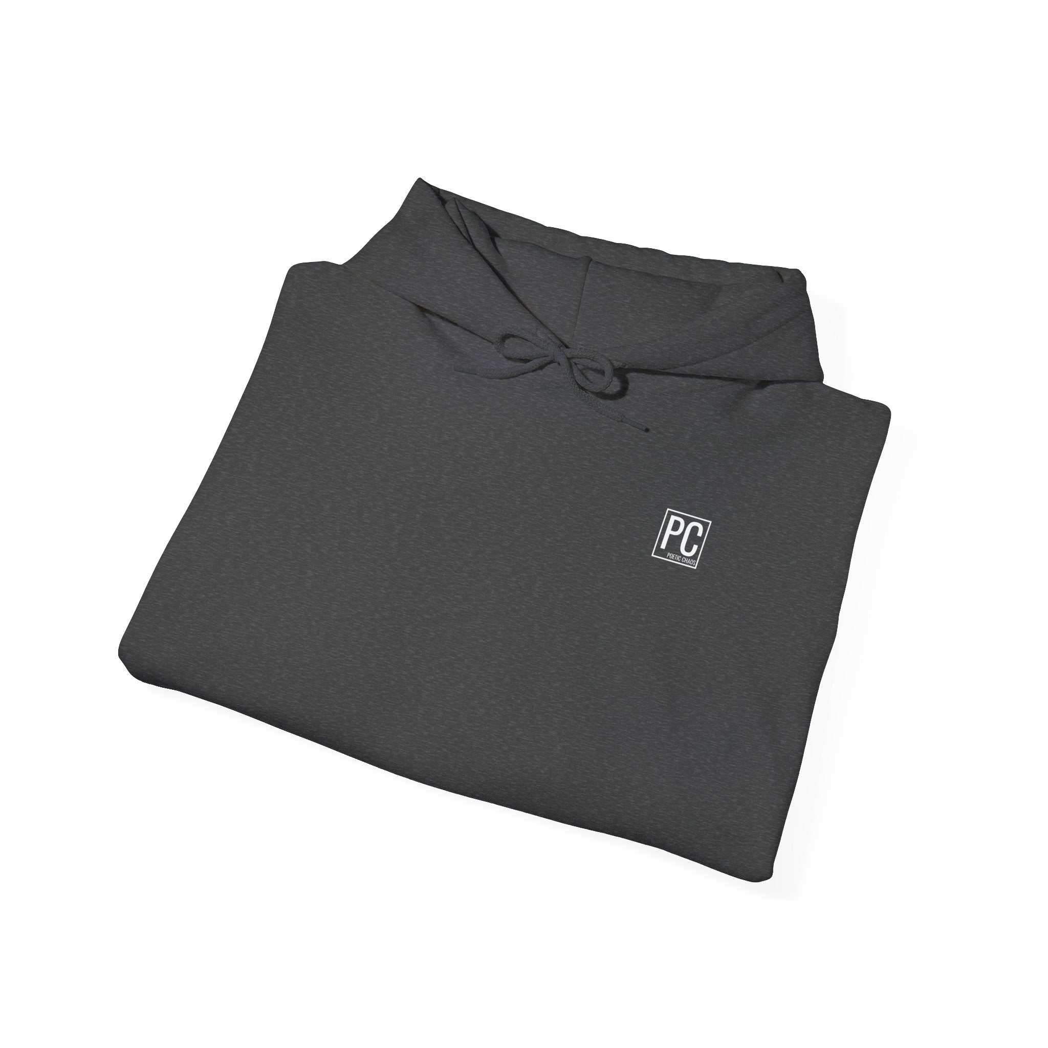 Poetic Chaos Hoodie — Minimal white PC Logo Black Pullover with 'Poetic Chaos' Sleeve