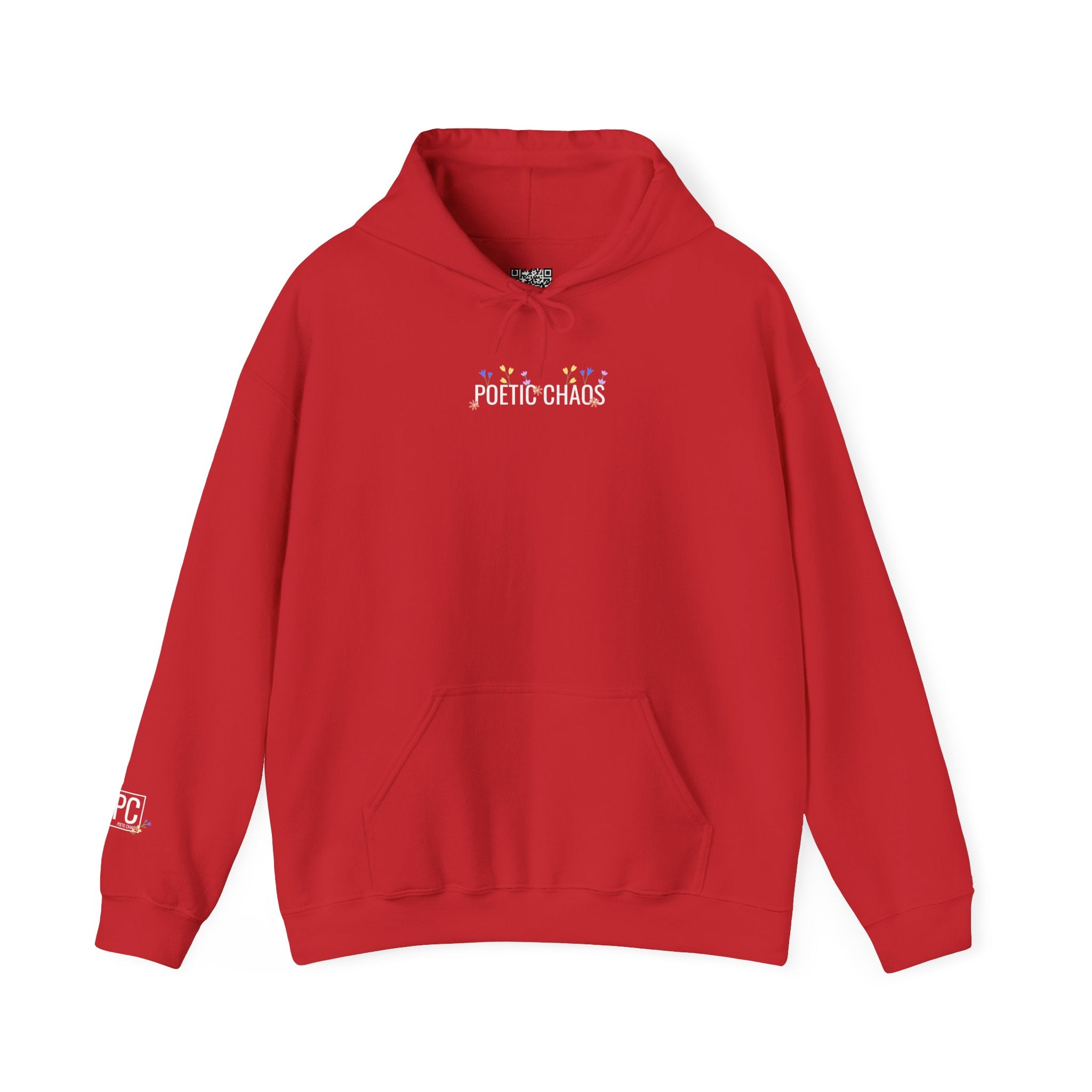 Poetic Chaos Hoodie — Small Chest white floral Logo & Sleeve Emblem