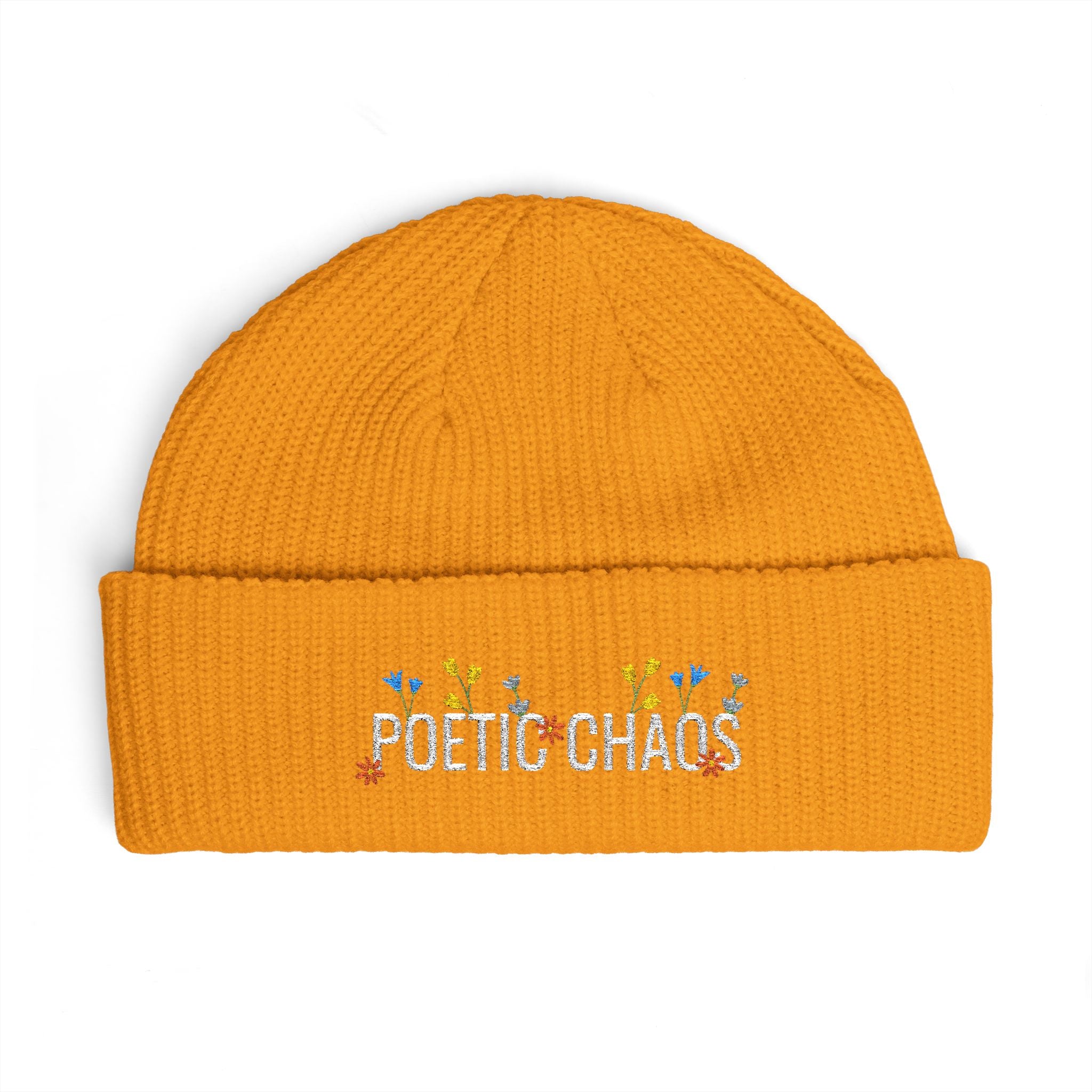 Poetic Chaos Cuff Beanie – Embroidered Floral white logo Knit Hat