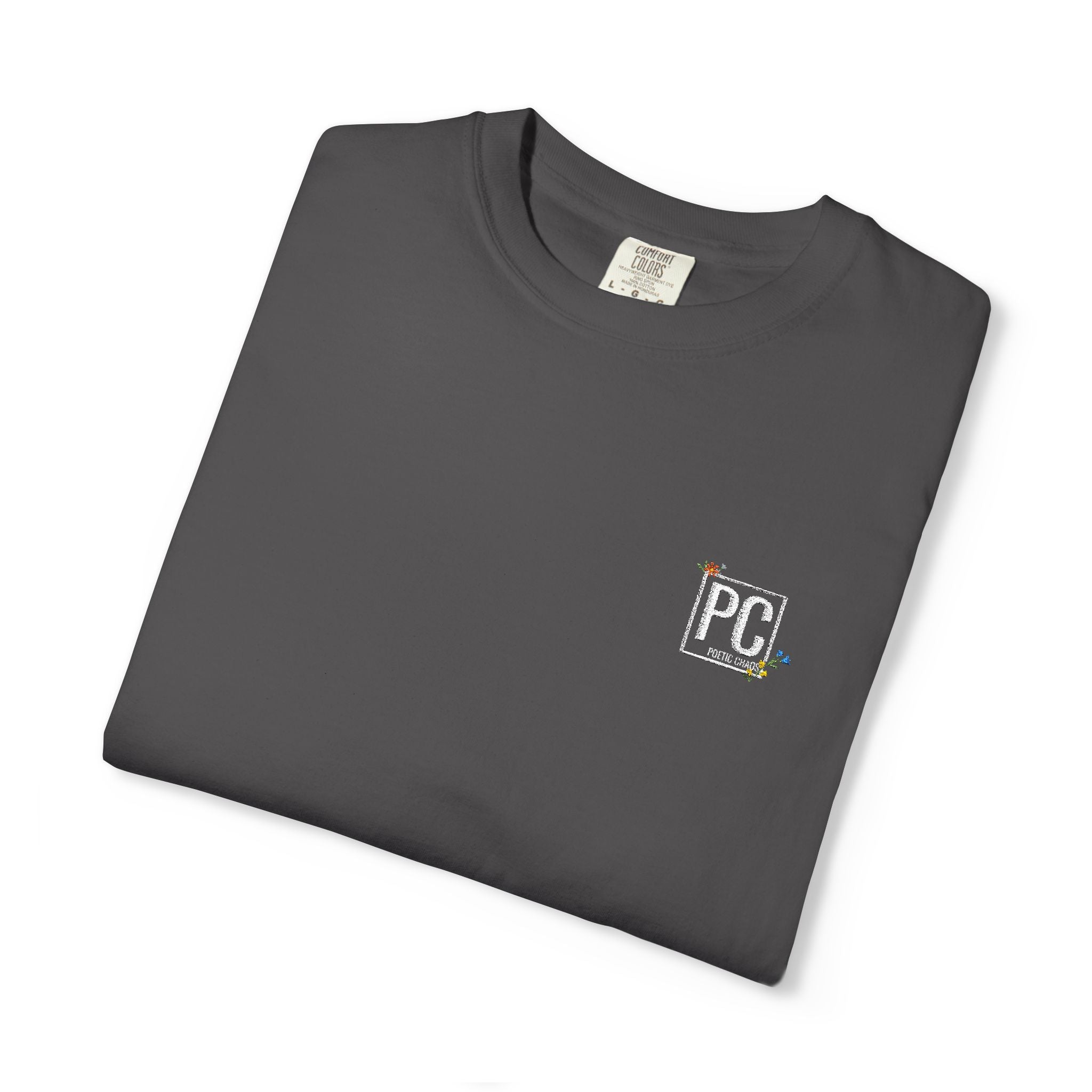 Poetic Chaos embroided white floral logo