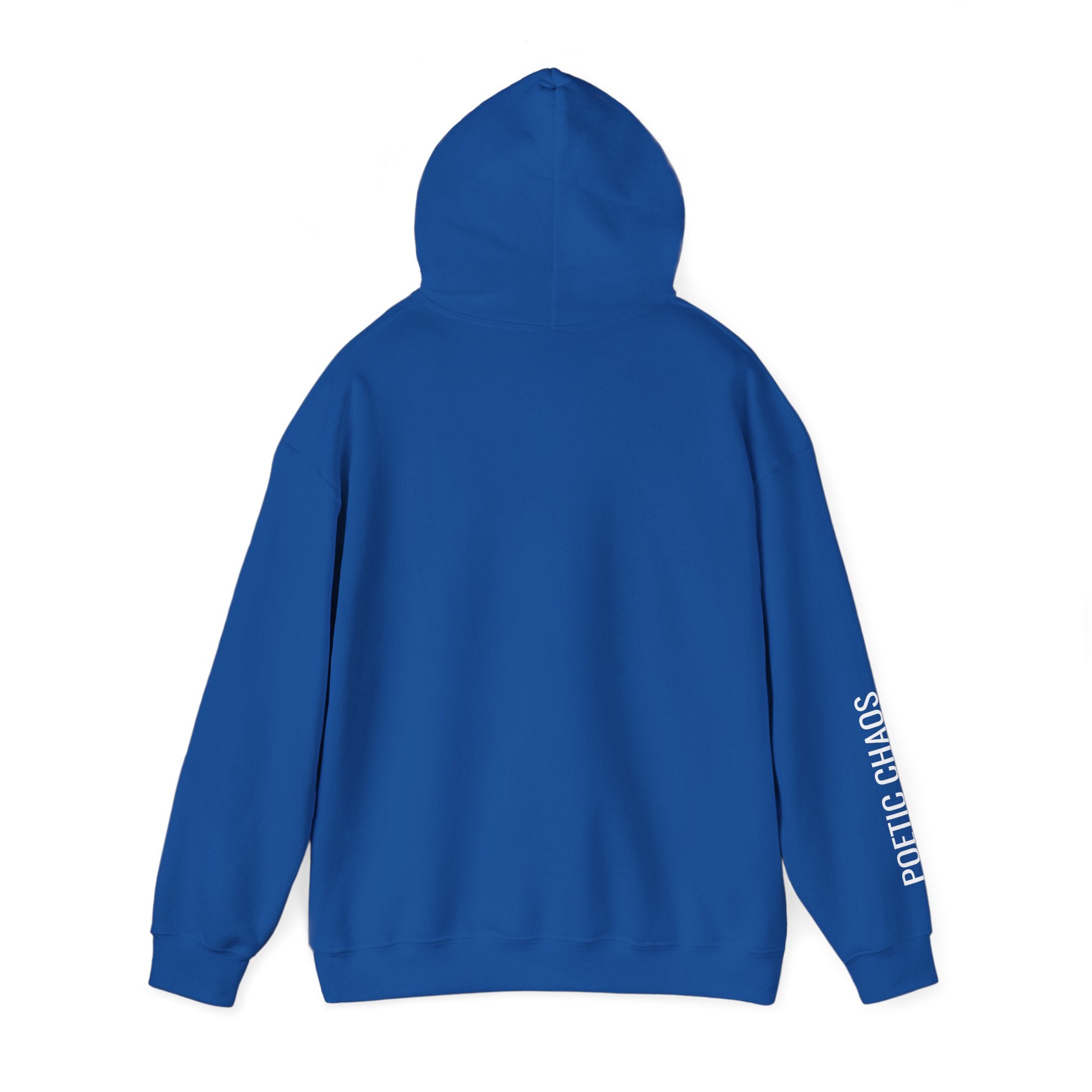Poetic Chaos Hoodie — Minimal white PC Logo Black Pullover with 'Poetic Chaos' Sleeve