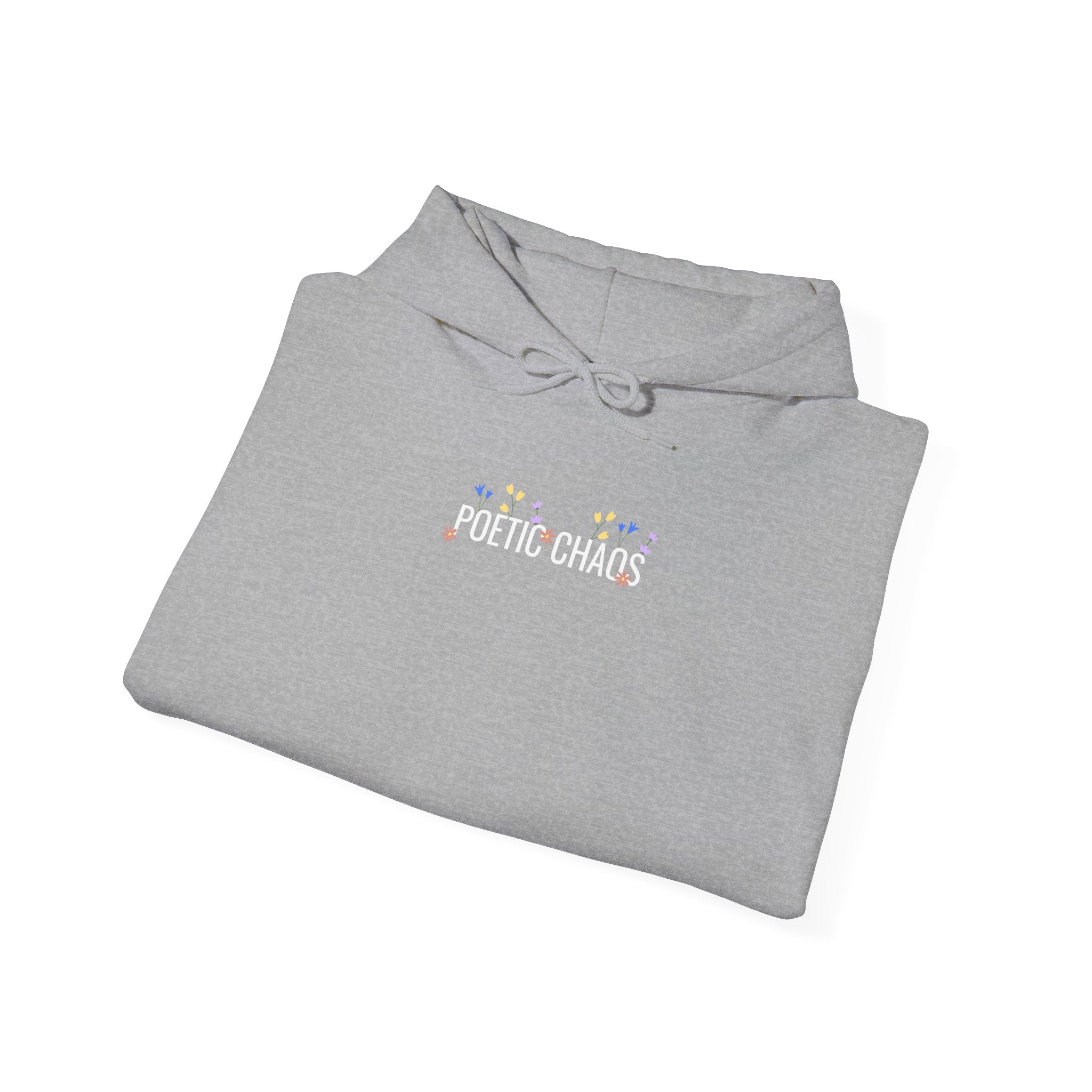 Poetic Chaos Hoodie — Small Chest white floral Logo & Sleeve Emblem