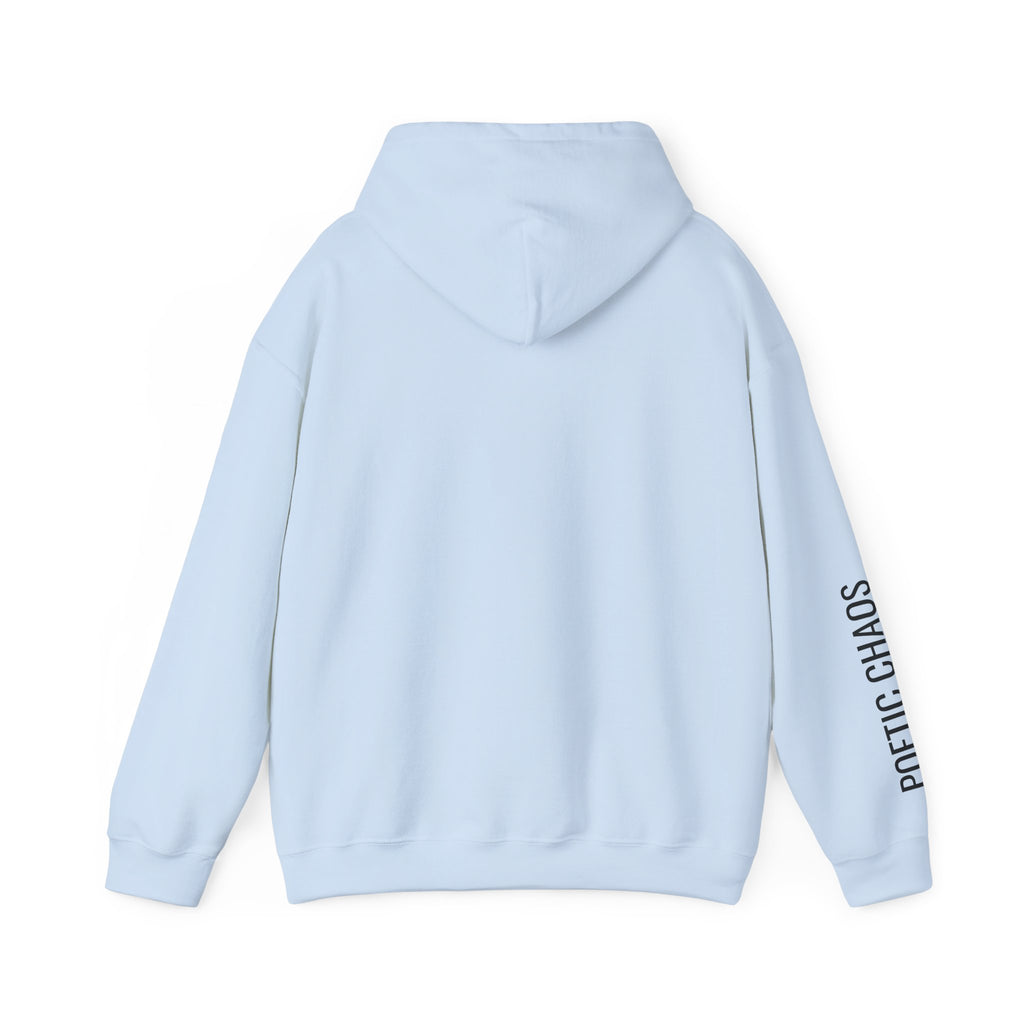 Poetic Chaos Hoodie — Minimal White Pullover with 'POETIC CHAOS' Sleeve Text
