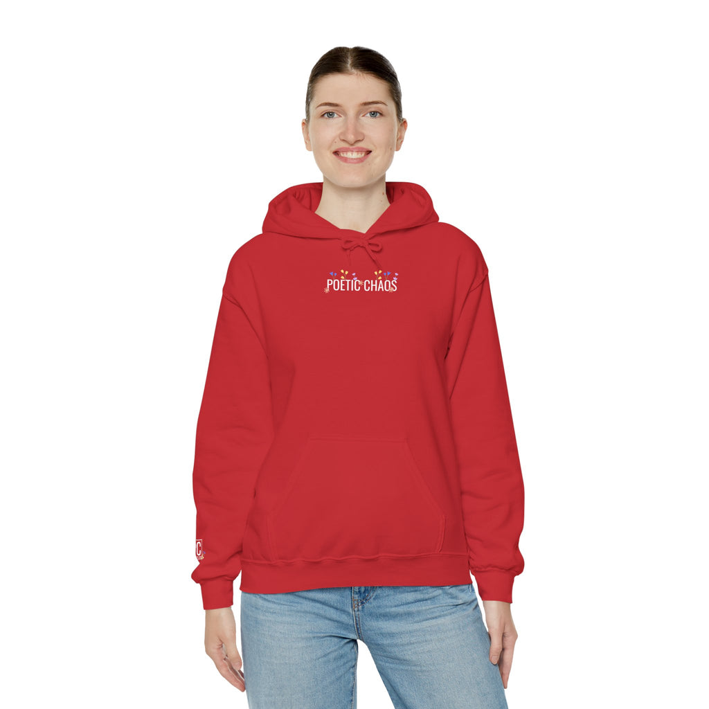 Poetic Chaos Hoodie — Small Chest white floral Logo & Sleeve Emblem
