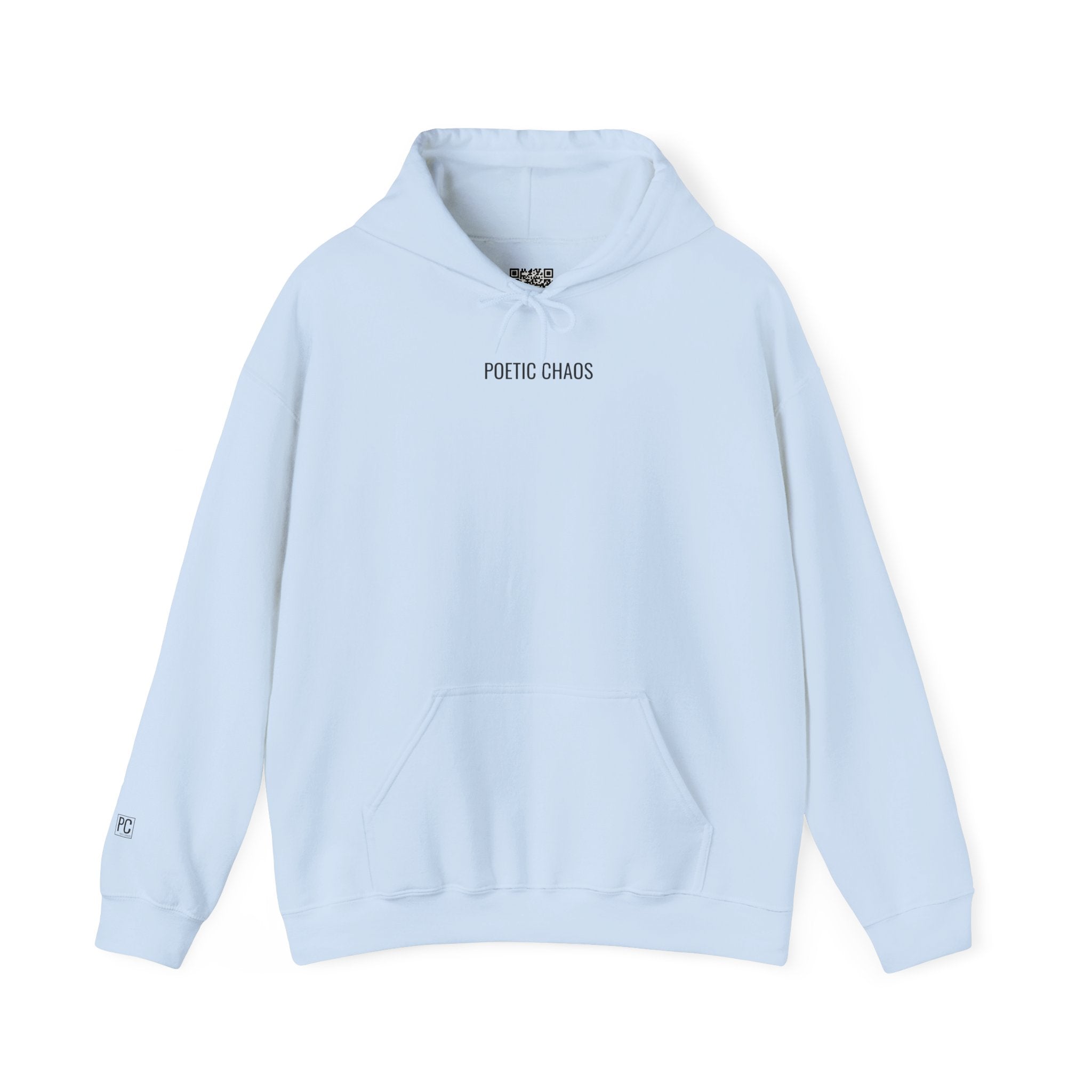 Poetic Chaos Minimalist Hoodie — Small Chest Text Pullover