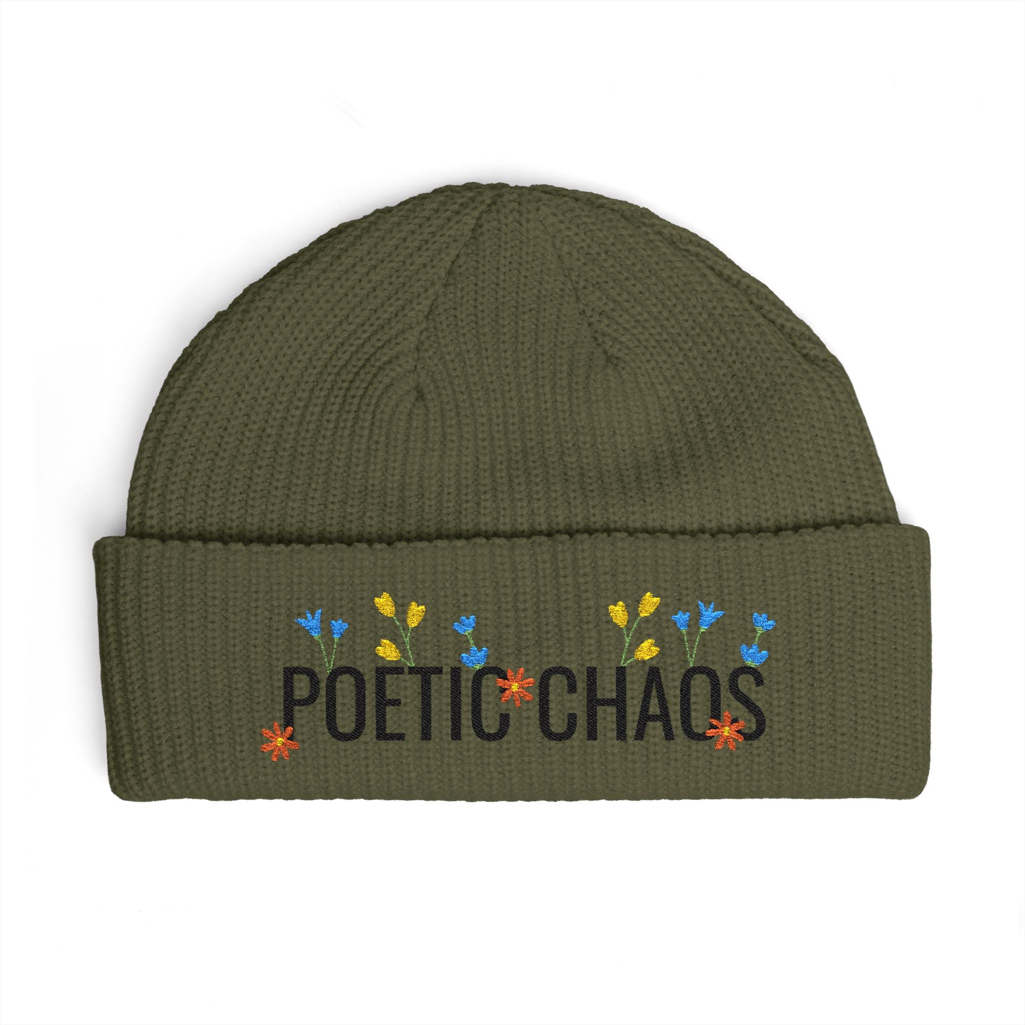 Poetic Chaos Embroidered Cuff Beanie - Floral Knit Winter Hat
