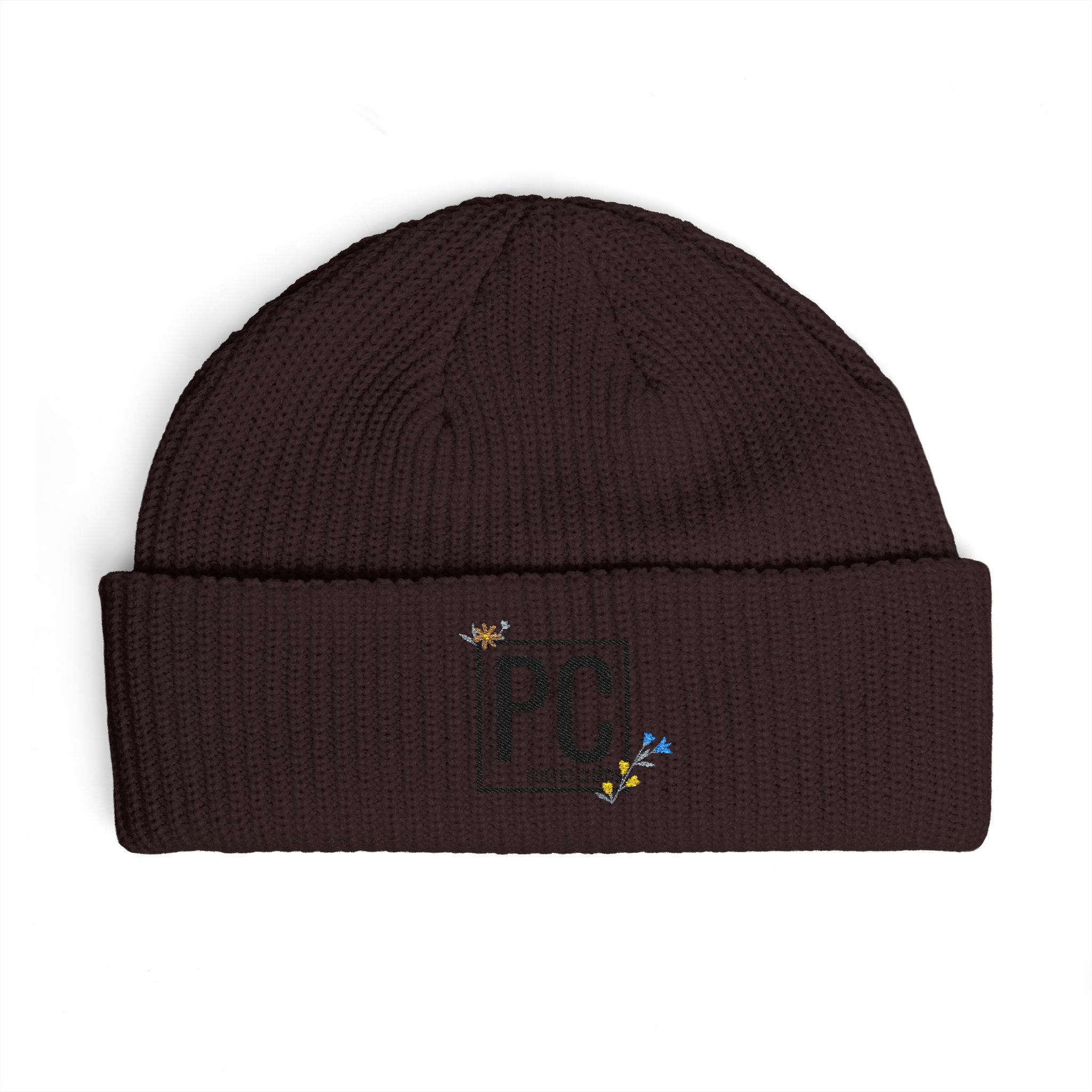 Cuff Beanie - 'PC' Logo Embroidered Knit Hat with Tiny Bee Accents