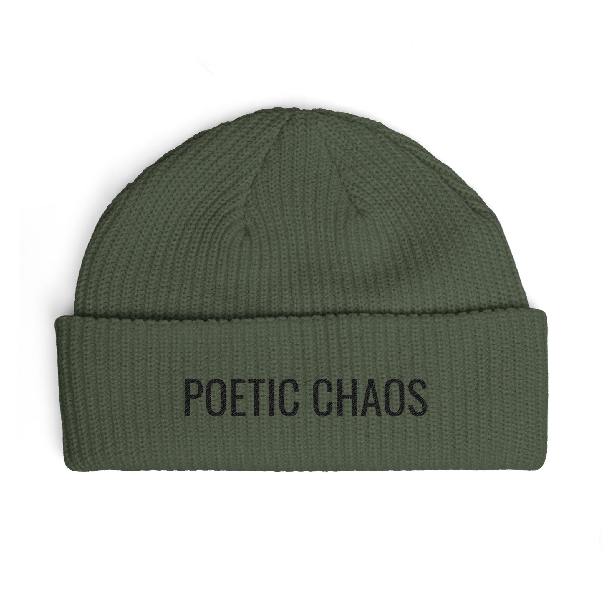 Poetic Chaos Embroidered Cuff Beanie — Knit Winter Hat for Writers & Creative Souls