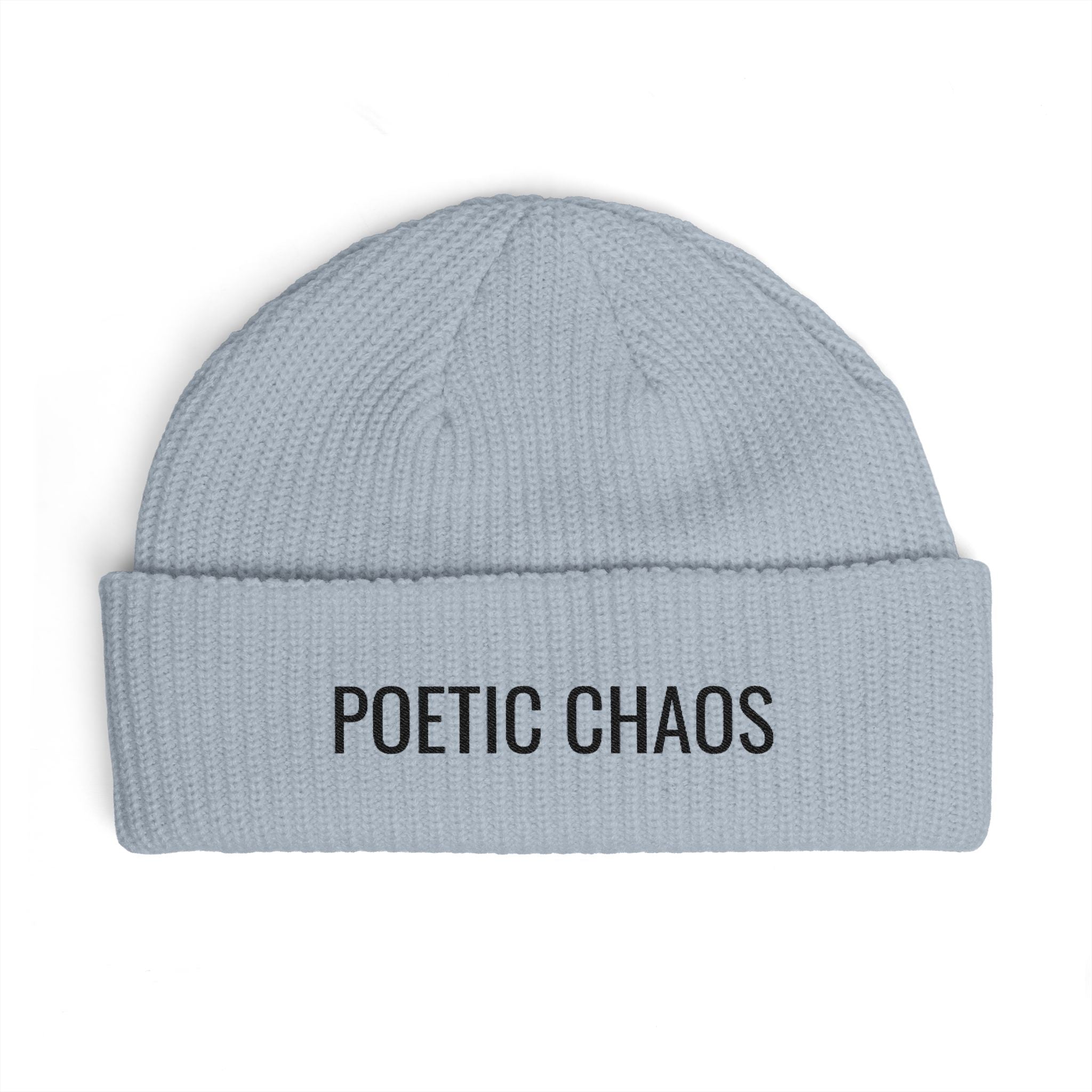 Poetic Chaos Embroidered Cuff Beanie — Knit Winter Hat for Writers & Creative Souls