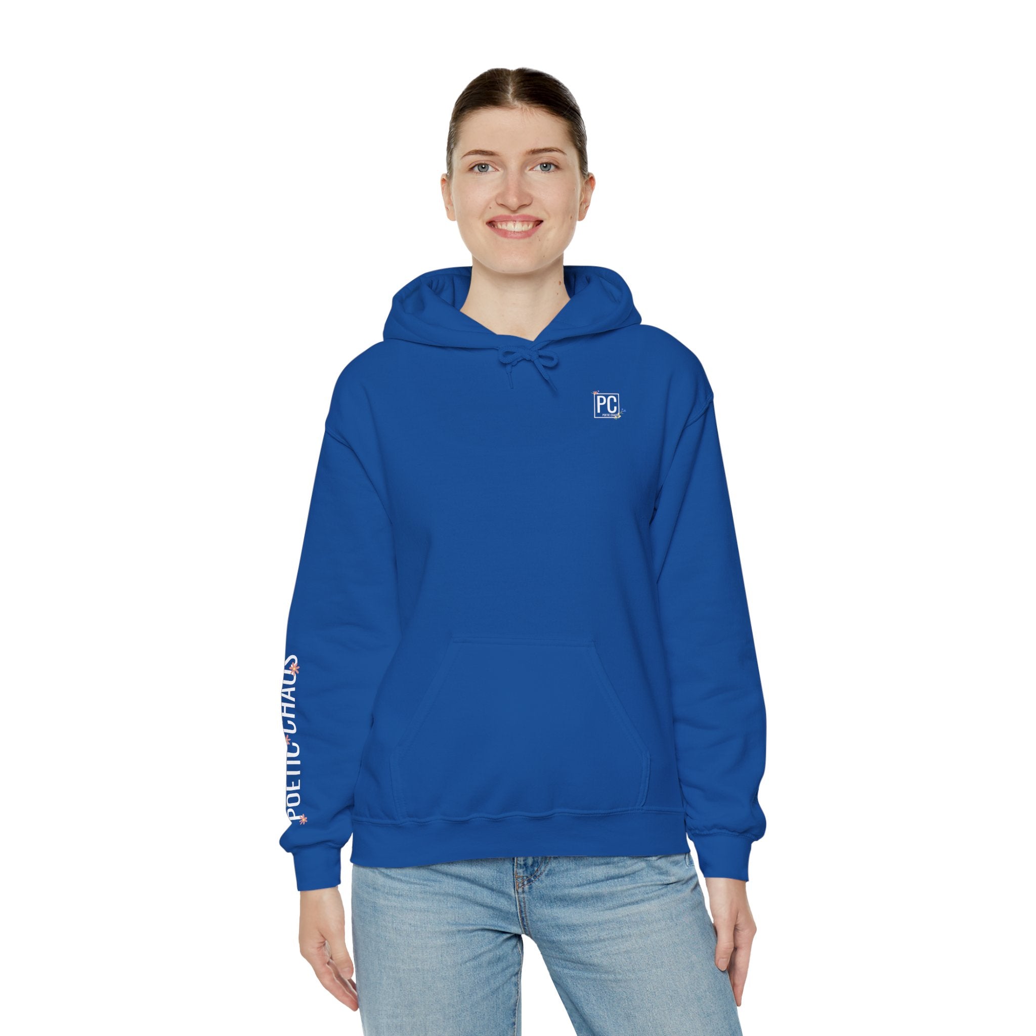 Poetic Chaos Sleeve Hoodie – Minimal white floral Logo Pullover