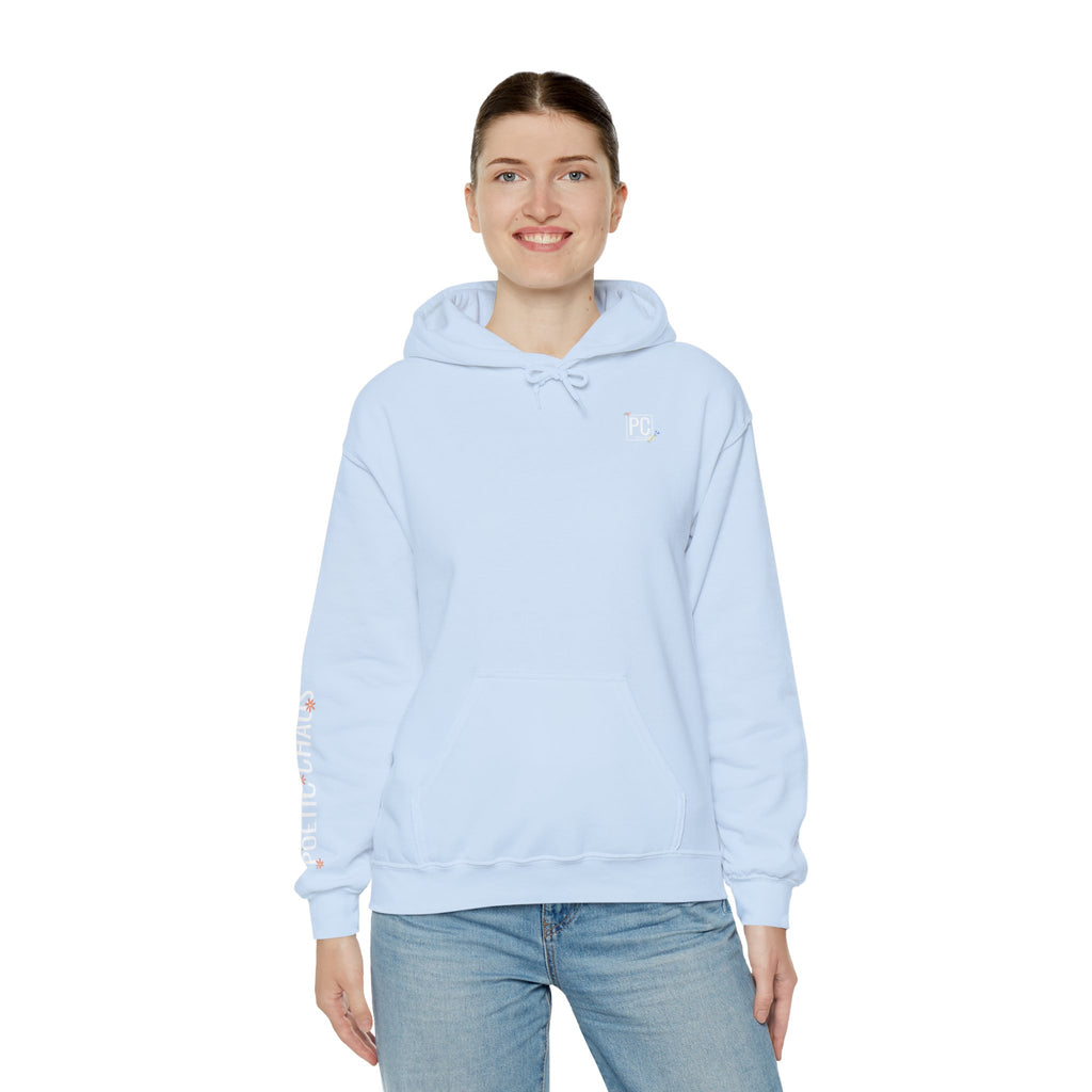 Poetic Chaos Sleeve Hoodie – Minimal white floral Logo Pullover