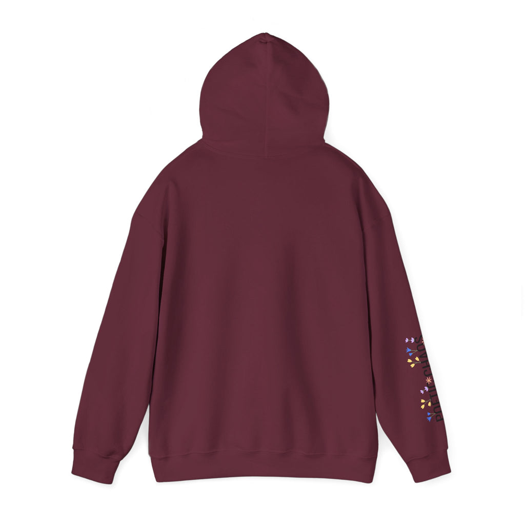 Poetic Chaos Sleeve Logo Hoodie — Minimal White Pullover with 'PC'floral logo