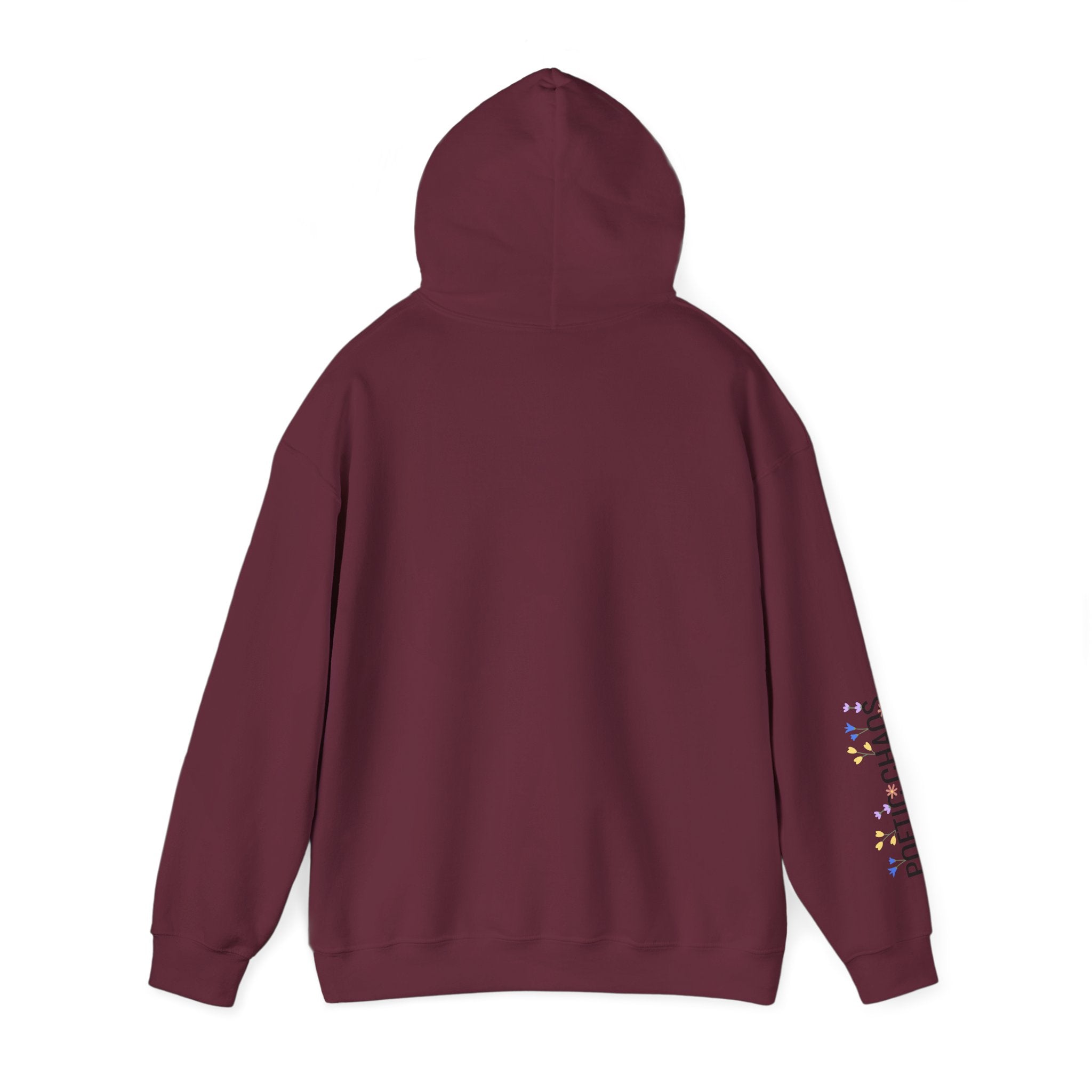 Poetic Chaos Sleeve Logo Hoodie — Minimal White Pullover with 'PC'floral logo