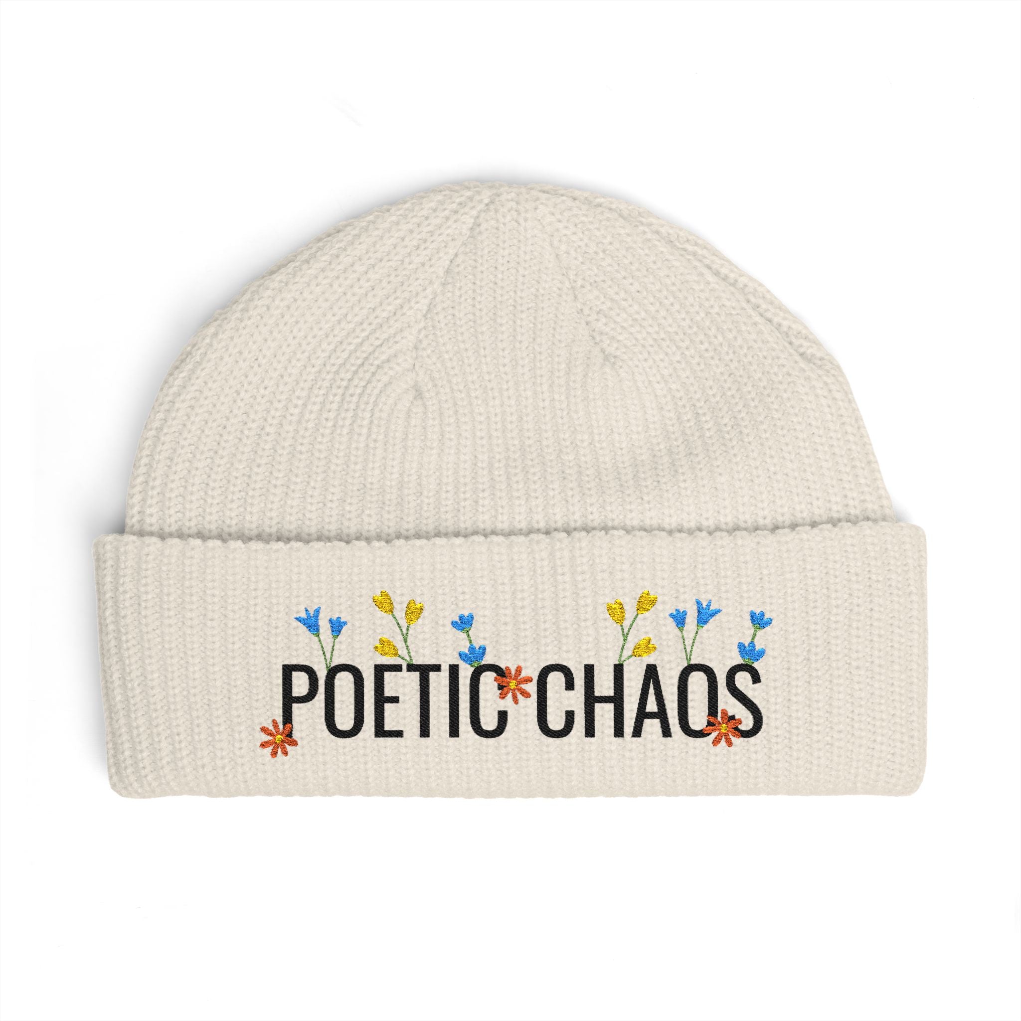 Poetic Chaos Embroidered Cuff Beanie - Floral Knit Winter Hat