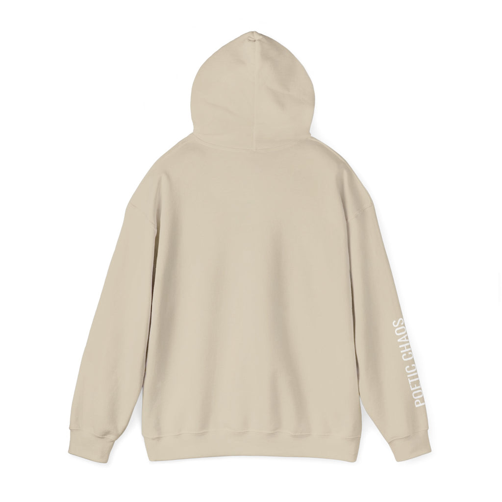Poetic Chaos Hoodie — Minimal white PC Logo Black Pullover with 'Poetic Chaos' Sleeve