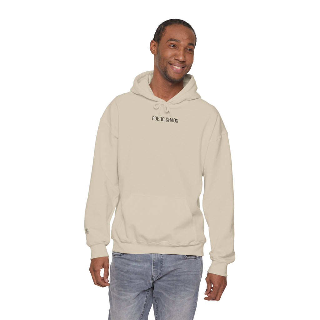 Poetic Chaos Minimalist Hoodie — Small Chest Text Pullover