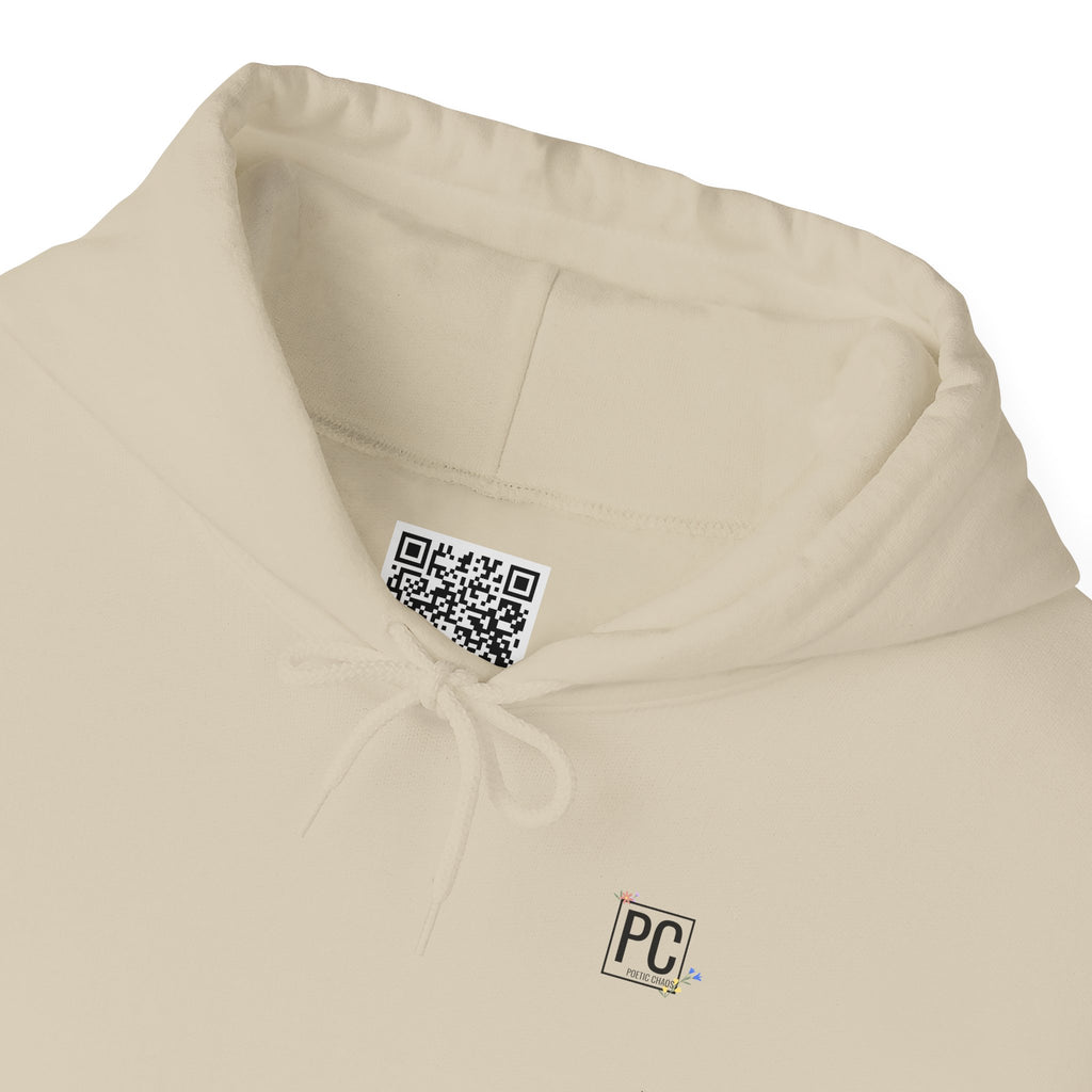 Poetic Chaos Sleeve Logo Hoodie — Minimal White Pullover with 'PC'floral logo