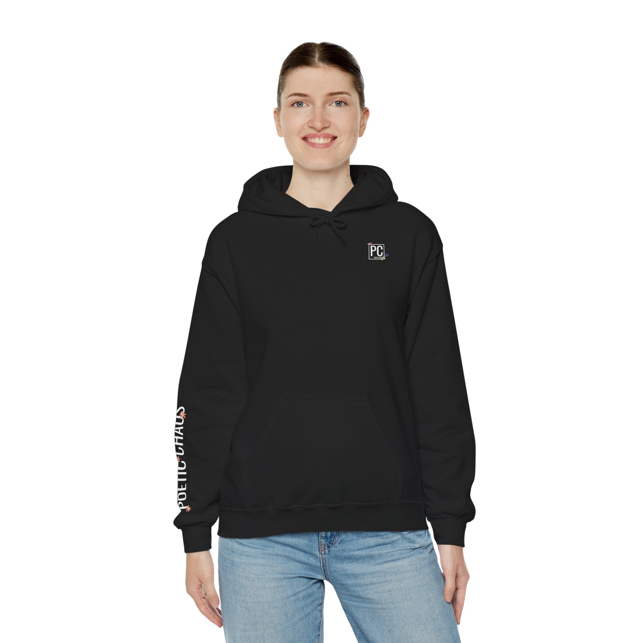 Poetic Chaos Sleeve Hoodie – Minimal white floral Logo Pullover