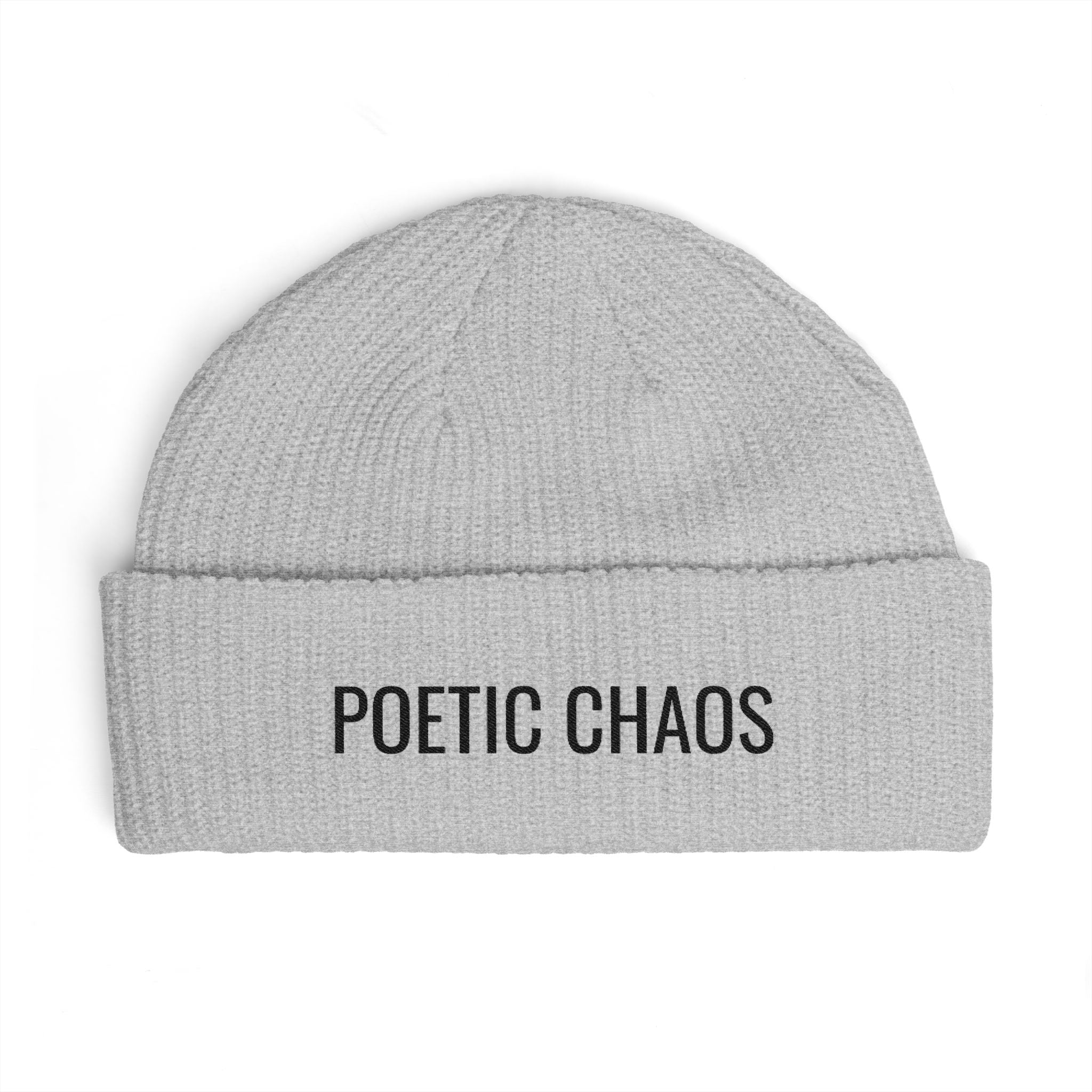 Poetic Chaos Embroidered Cuff Beanie — Knit Winter Hat for Writers & Creative Souls