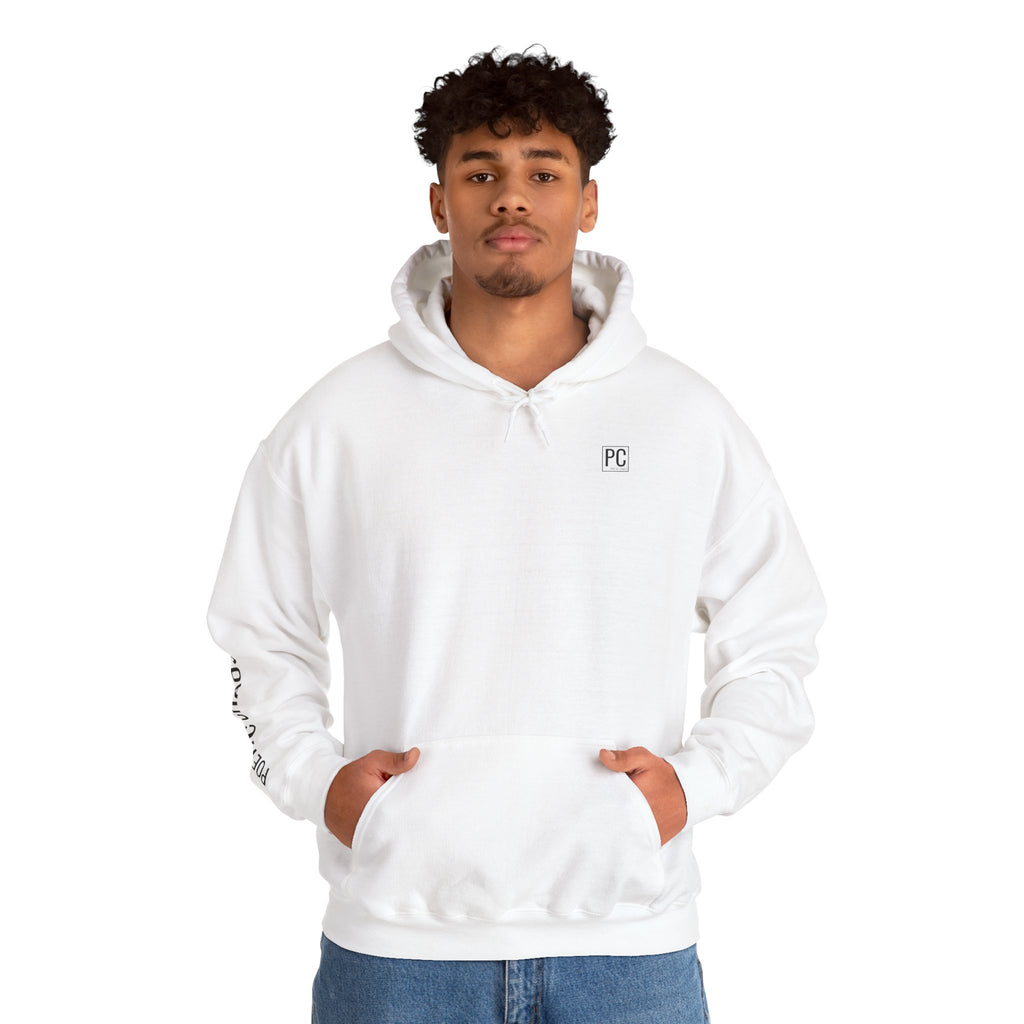 Poetic Chaos Hoodie — Minimal White Pullover with 'POETIC CHAOS' Sleeve Text