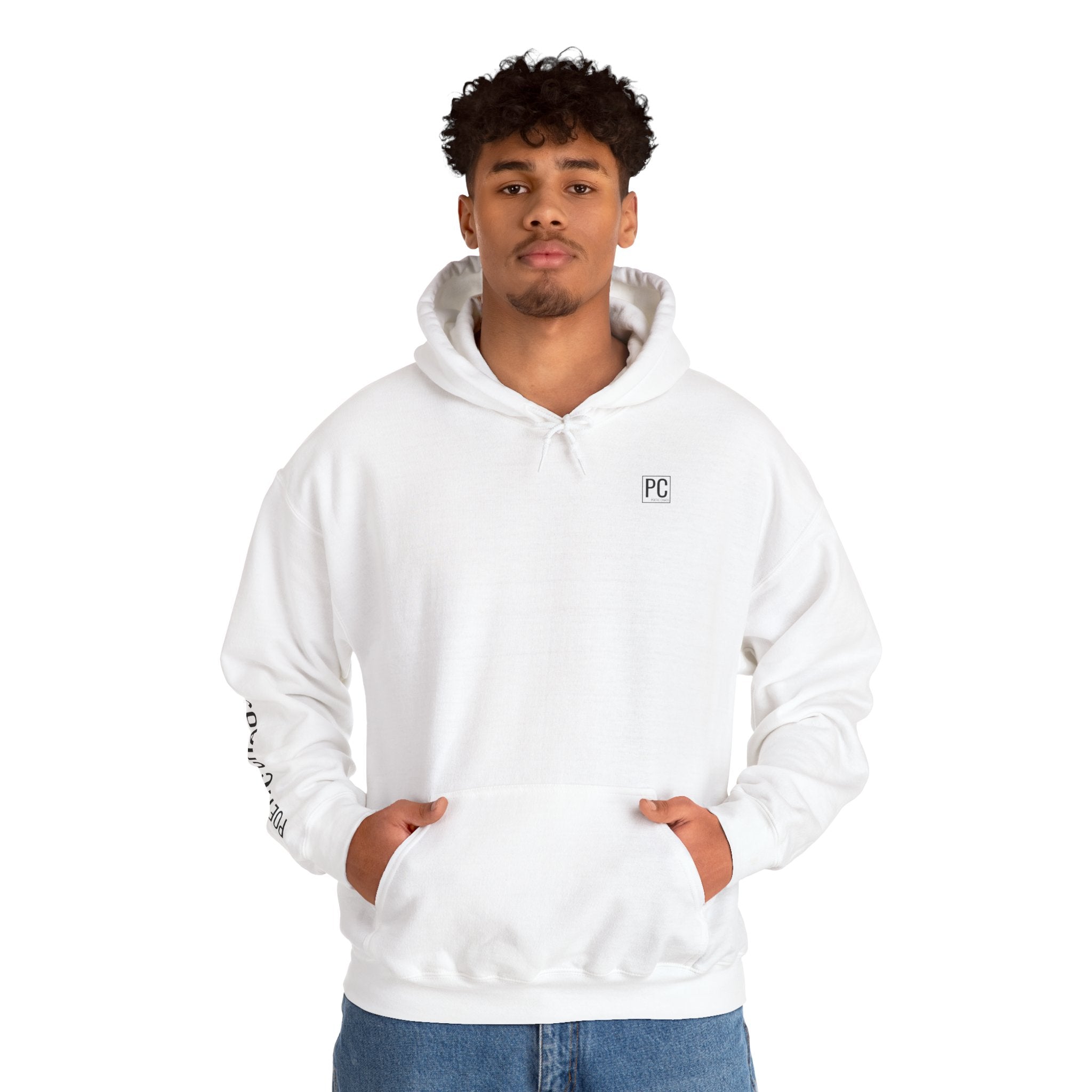 Poetic Chaos Hoodie — Minimal White Pullover with 'POETIC CHAOS' Sleeve Text