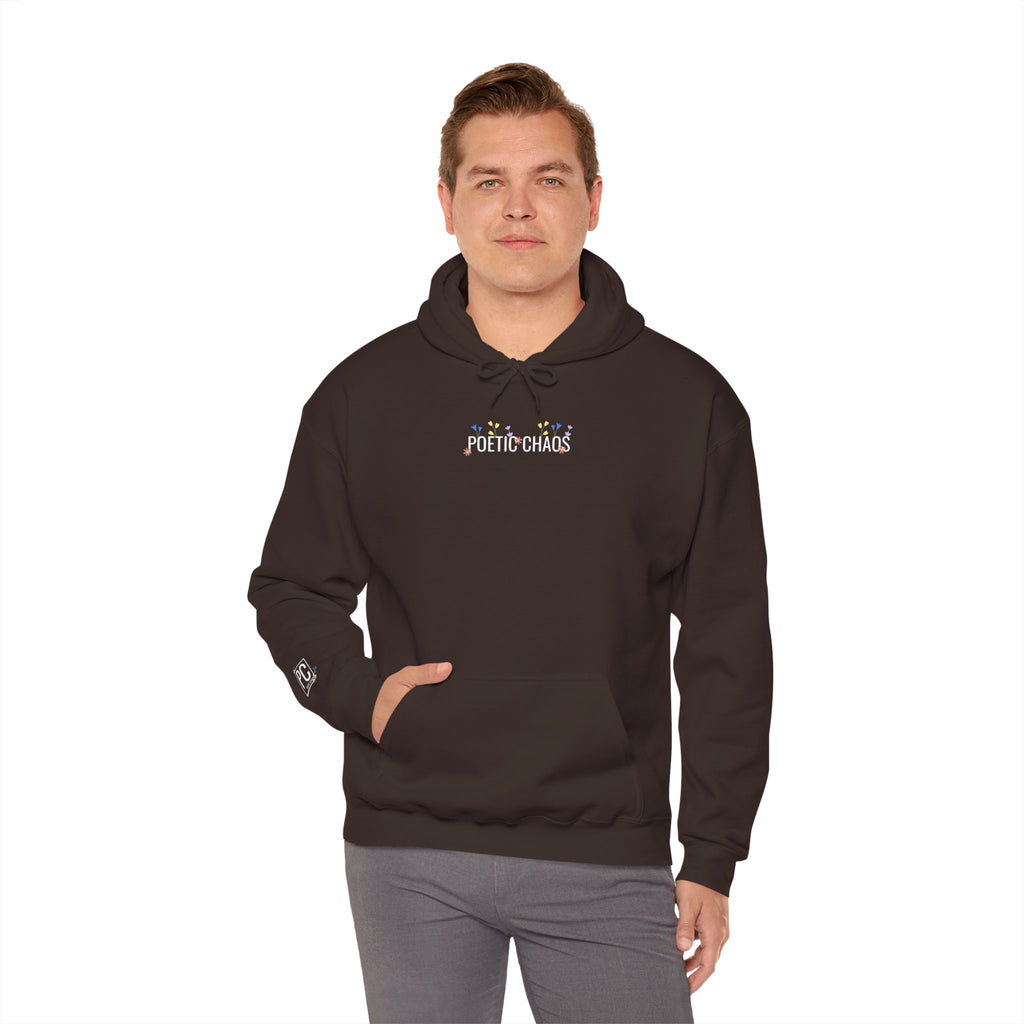 Poetic Chaos Hoodie — Small Chest white floral Logo & Sleeve Emblem